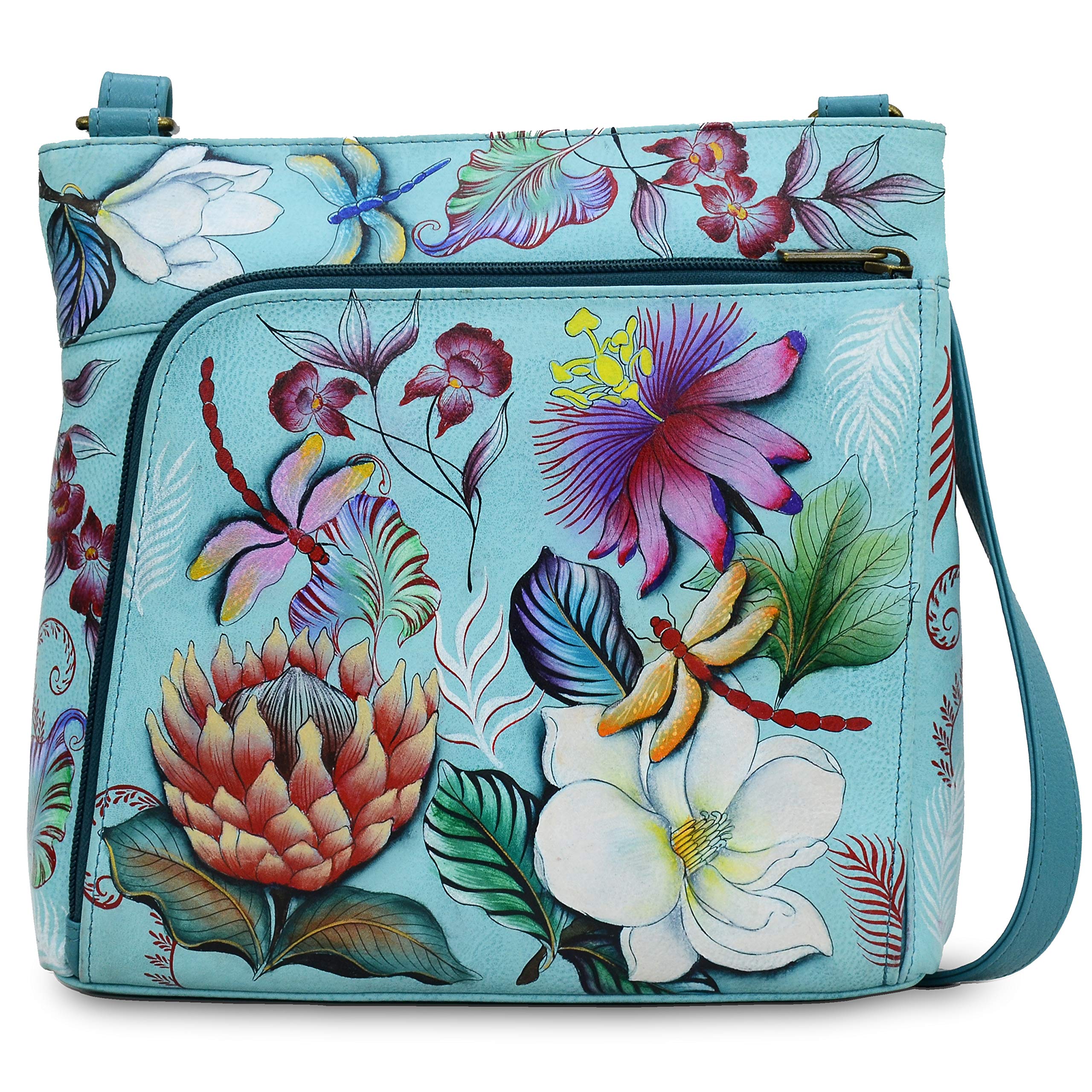 Anuschka Women's Genuine Leather Crossbody Purse with Front Zip Organizer - Hand-Painted Floral Design (Jardin Bleu) - Perfect for Travel, Shopping & Everyday Use