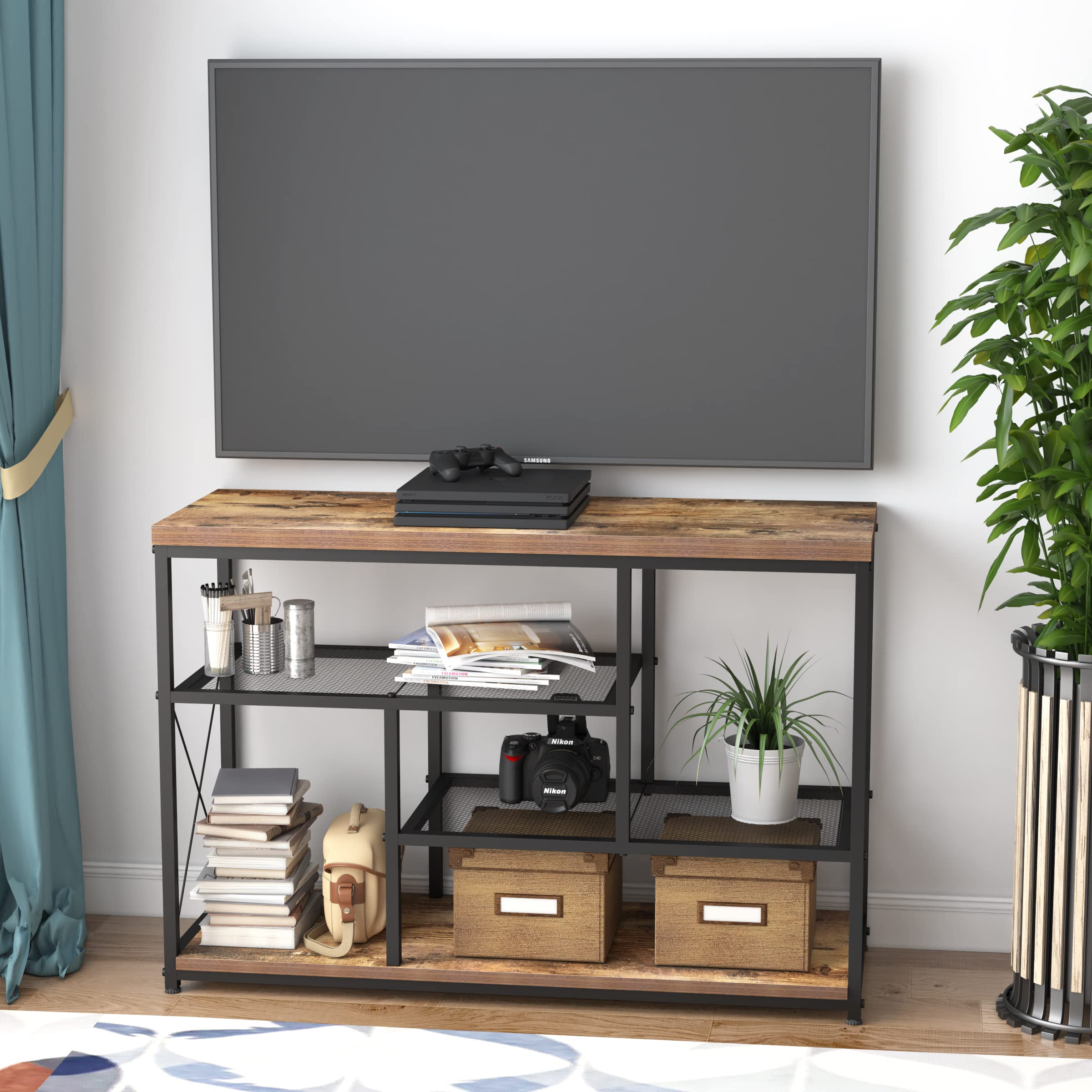 Rustic Oak TV Stand Console Table with Open Bookshelf - 47 Inch Industrial Sofa Table for Living Room, Entryway & Hallway - Perfect for Bedroom Storage & Living Room Decor