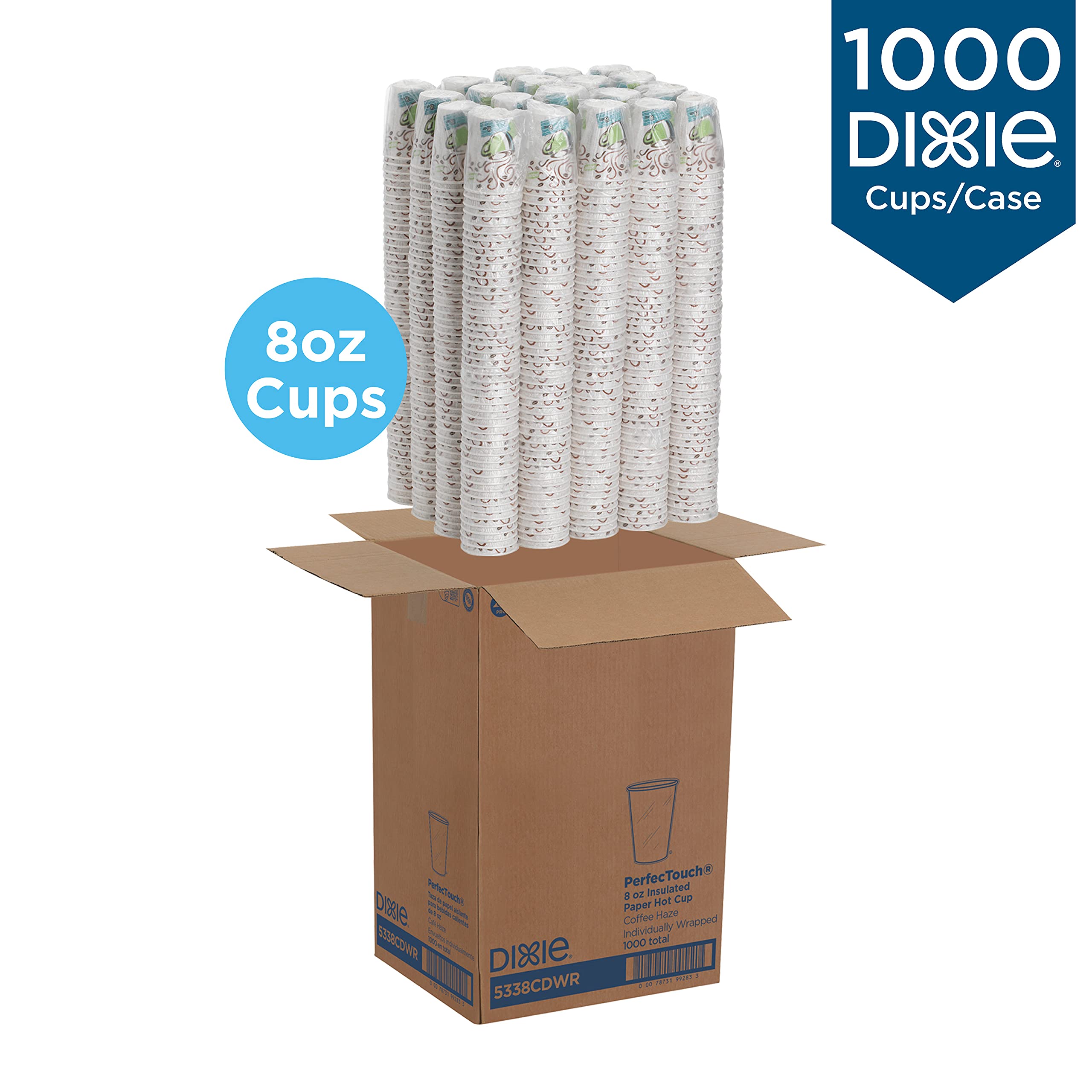 GP PRO Dixie PerfecTouch 8 oz Disposable Coffee Cups - 1000 Count Individually Wrapped, Coffee Haze Design (5338CDWR) - Perfect for Office, Cafes, and Home Use