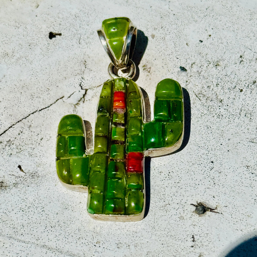 Sterling Silver Turquoise Coral Saguaro Cactus Pendant Necklace - Southwest Style Jewelry for Women, Gift for Nature Lovers, Perfect for Boho Fashion and Western Outfits