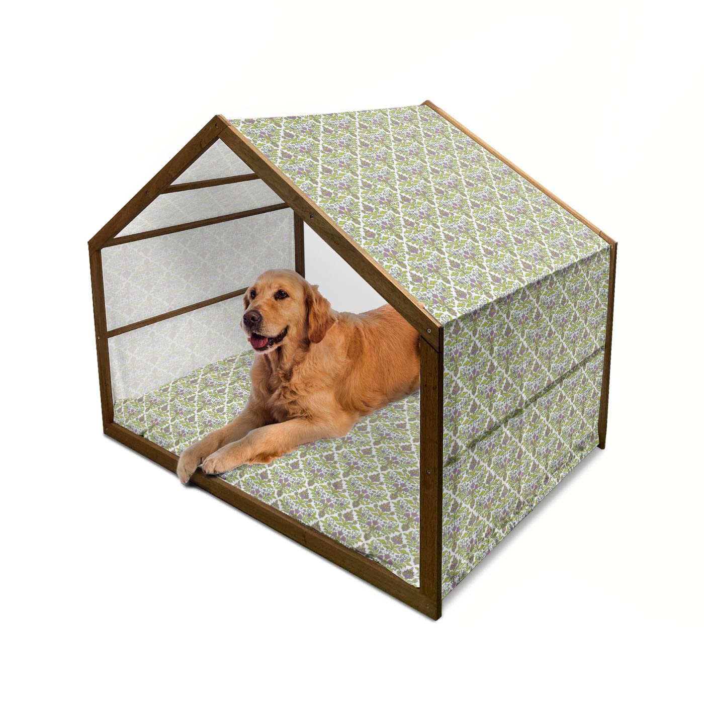 Ambesonne X-Large Wooden Dog House with Pillow & Cover - Vintage Floral Damask Victorian Design for Indoor & Outdoor Use - Portable Dog Kennel in Yellow Green Fuchsia - Perfect for Small to Medium Dogs in Home, Garden, or Patio