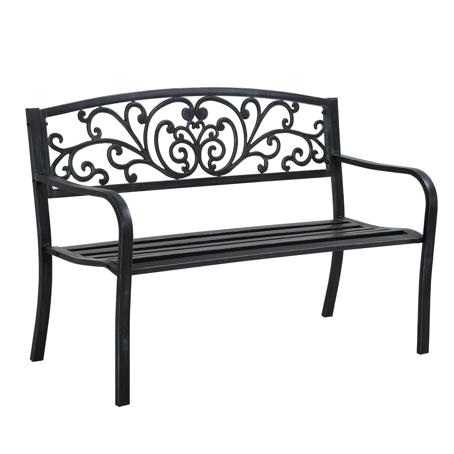 4 Feet Rust-Proof Cast Iron Park Bench - Heavy-Duty 485 lbs Capacity Outdoor Metal Bench with Backrest & Armrests - Durable Steel Frame for Yard, Porch, Garden, and Patio Use