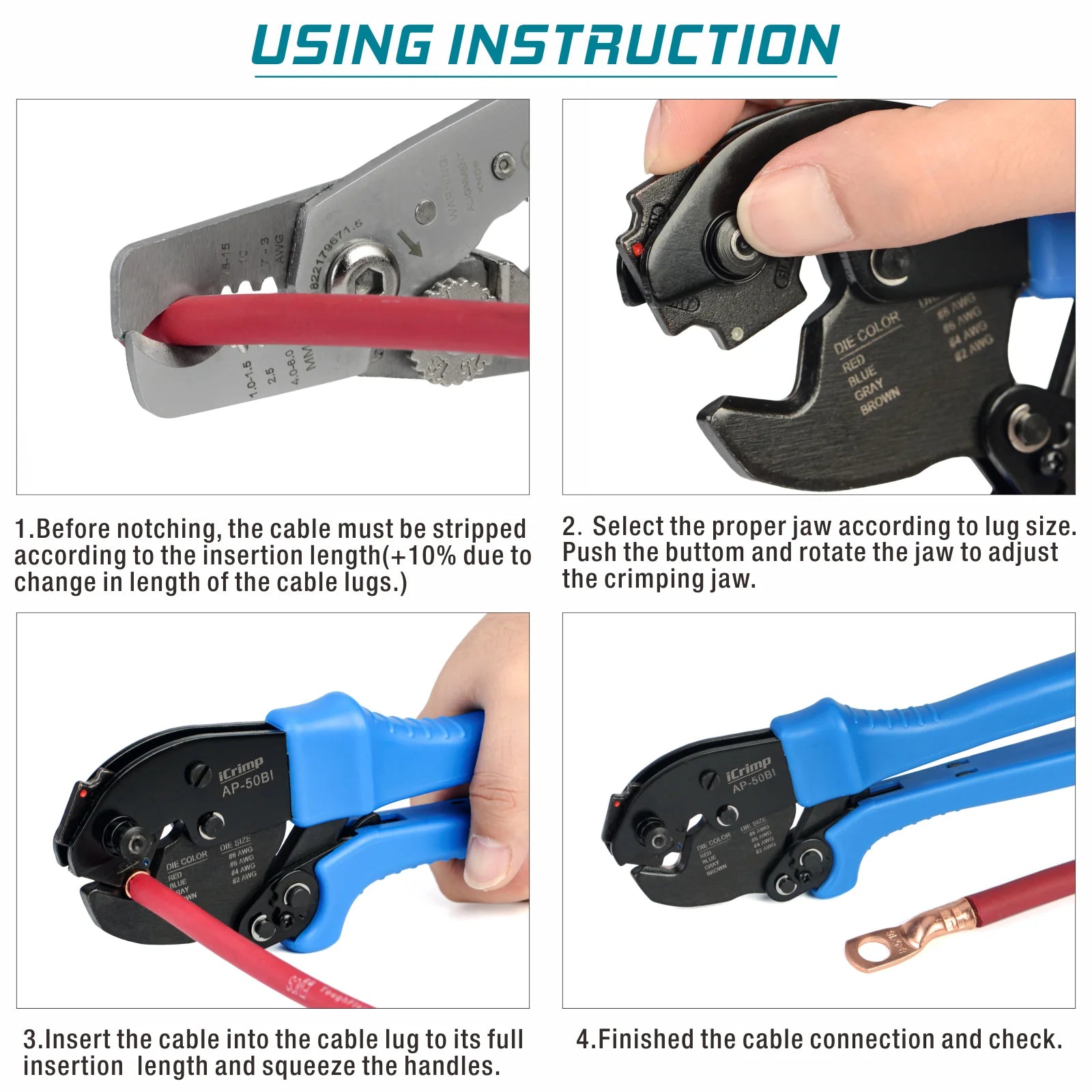 AP 50BI Heavy Duty Battery Cable Terminal Lug Crimper Tool for 8, 6, 4, 2 AWG Copper Cable Lugs - Professional Battery Cable Ends Crimping for Automotive, Marine, and Solar Power Applications