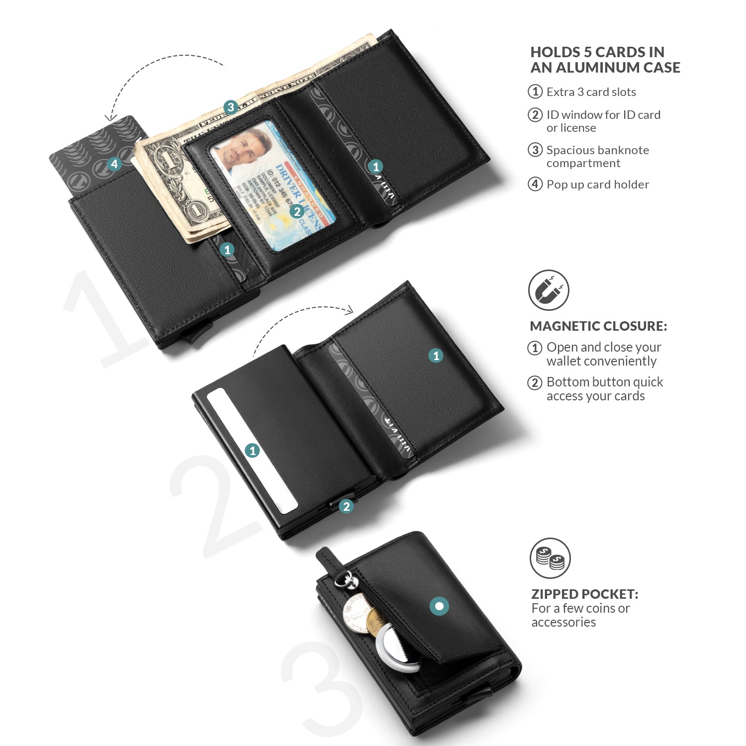 VC203P Genuine Leather Tri-Fold Wallet with Back Zipper Slot & Magnetic Closure - RFID Blocking, Slim Design for Men's Everyday Carry & Travel Essentials