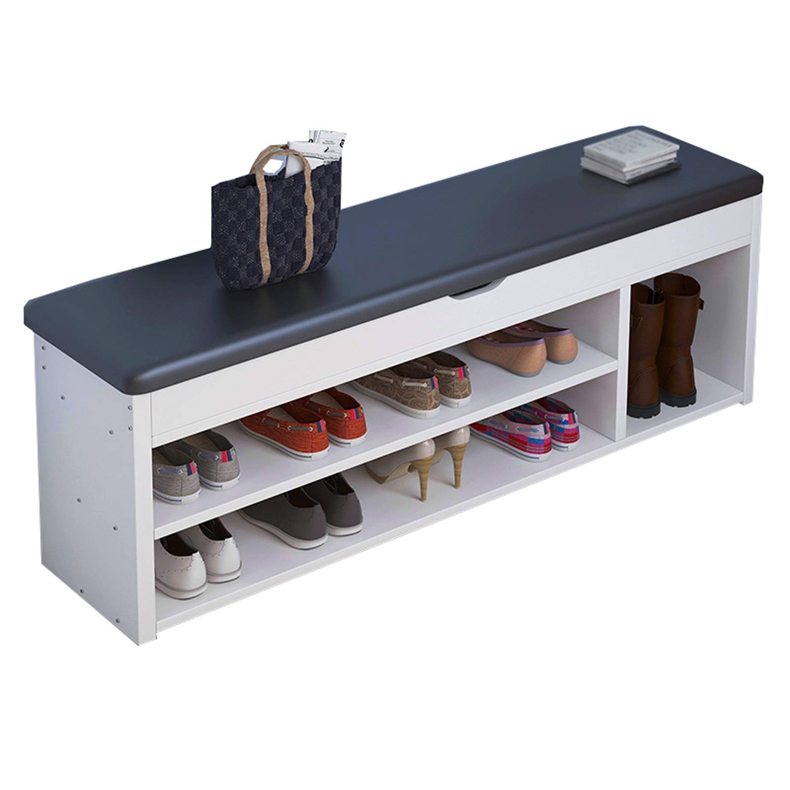 MUMUJIN Shoe Bench with Cushion - White Narrow Entryway Shoe Storage Organizer with Hidden Compartment (100x30x43cm) - Perfect for Living Room, Hallway, Bedroom & Small Space Organization