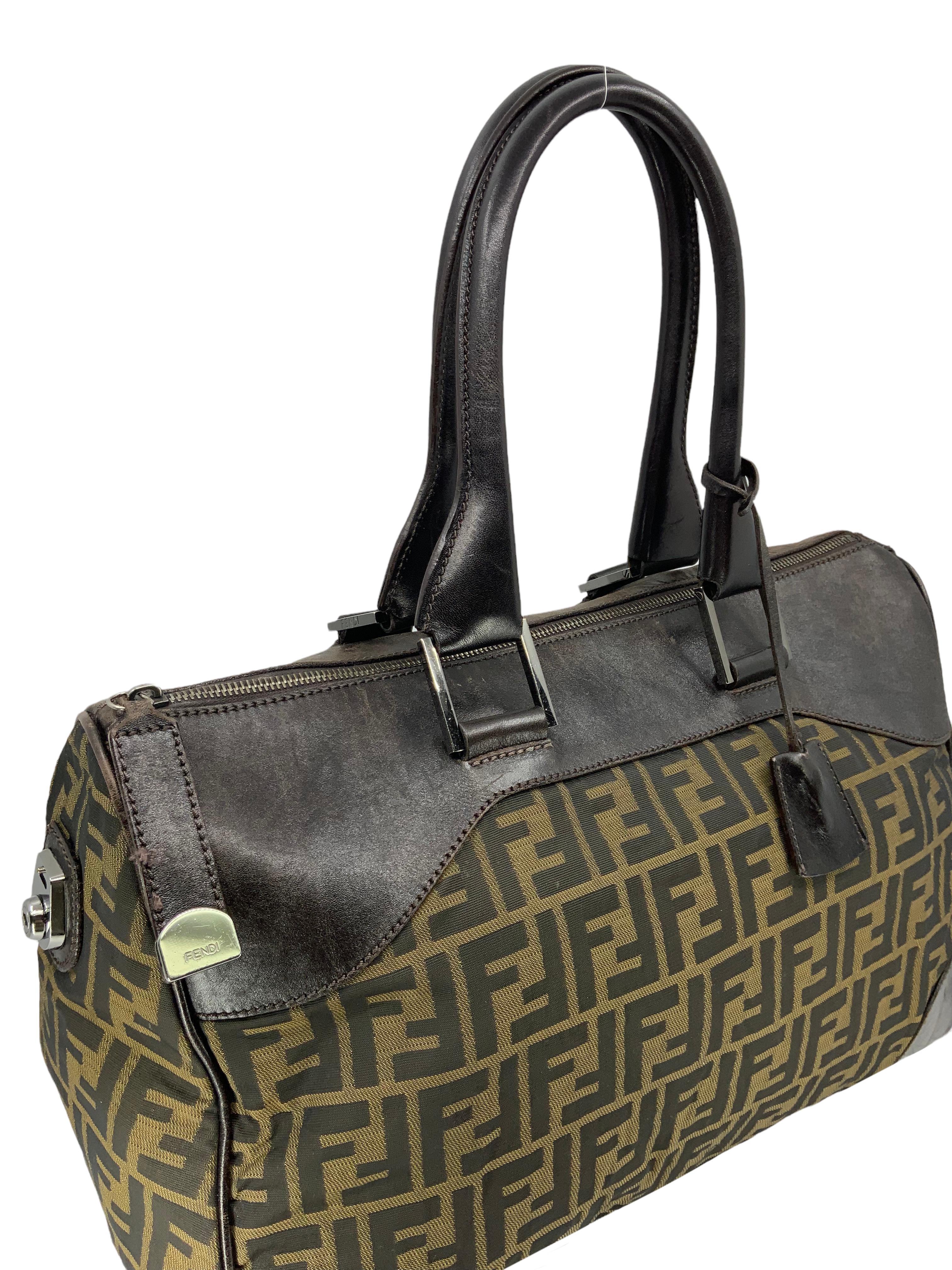 FENDI Zucca Canvas and Leather Small Duffel Bag - Stylish Travel Bag for Women, Perfect for Weekend Getaways & Gym Essentials