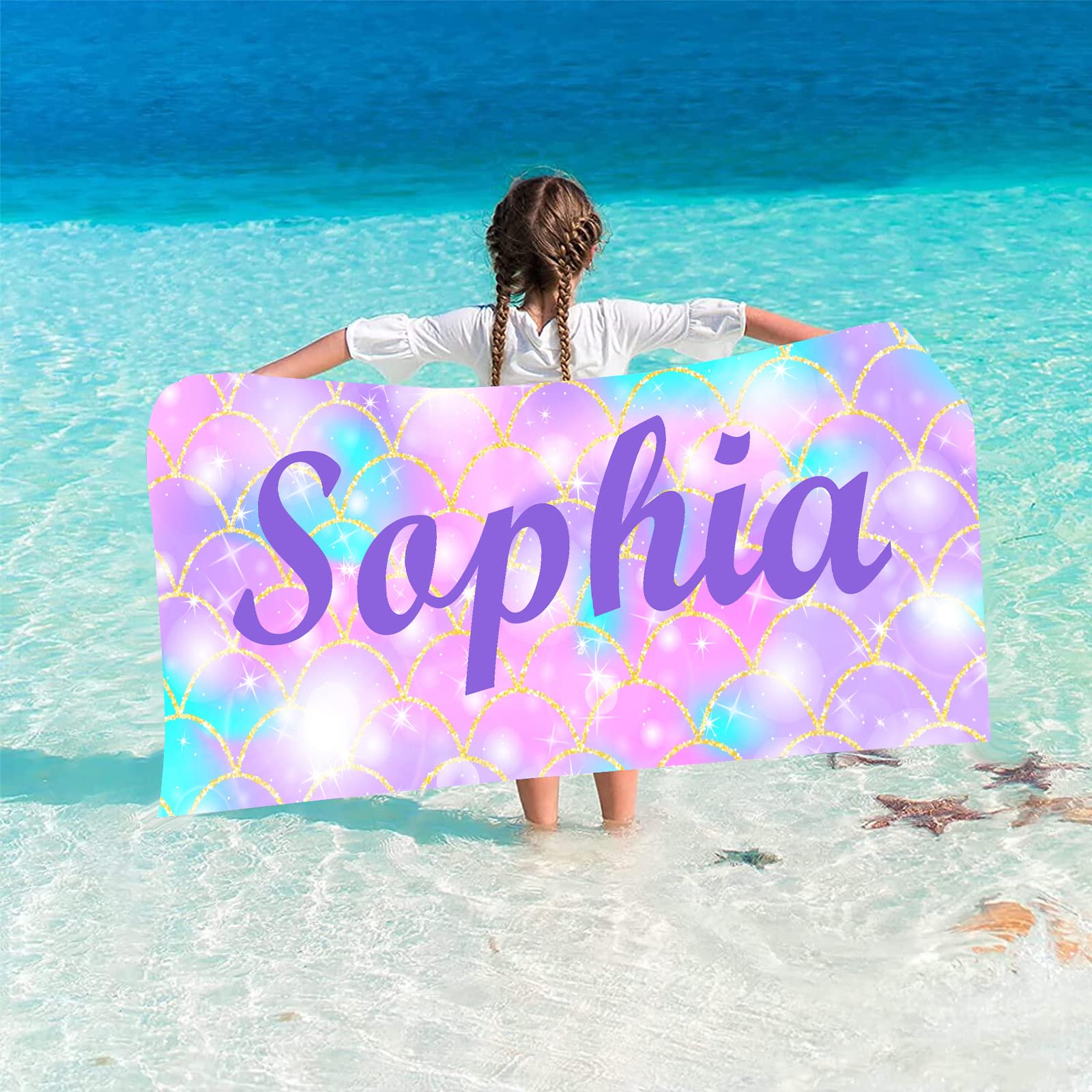 Personalized Kids Beach Towels with Name - Custom Mermaid Design Thin Towel for Girls, 30