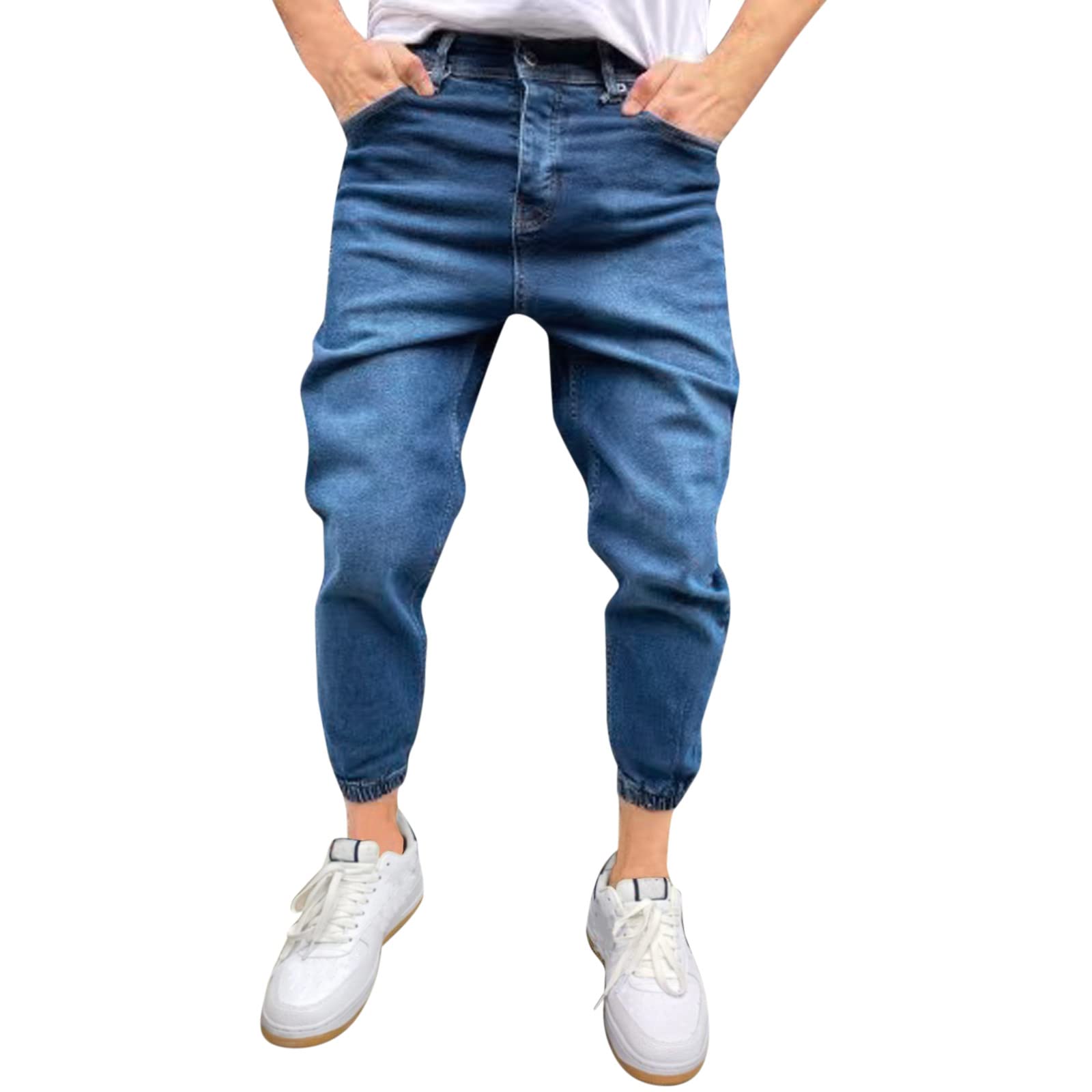 YXWLLN Men's Casual Denim Jogger Pants with Zipper Fly & Pockets - Comfortable Stretch Jeans for Everyday Wear, Work, and Outdoor Activities