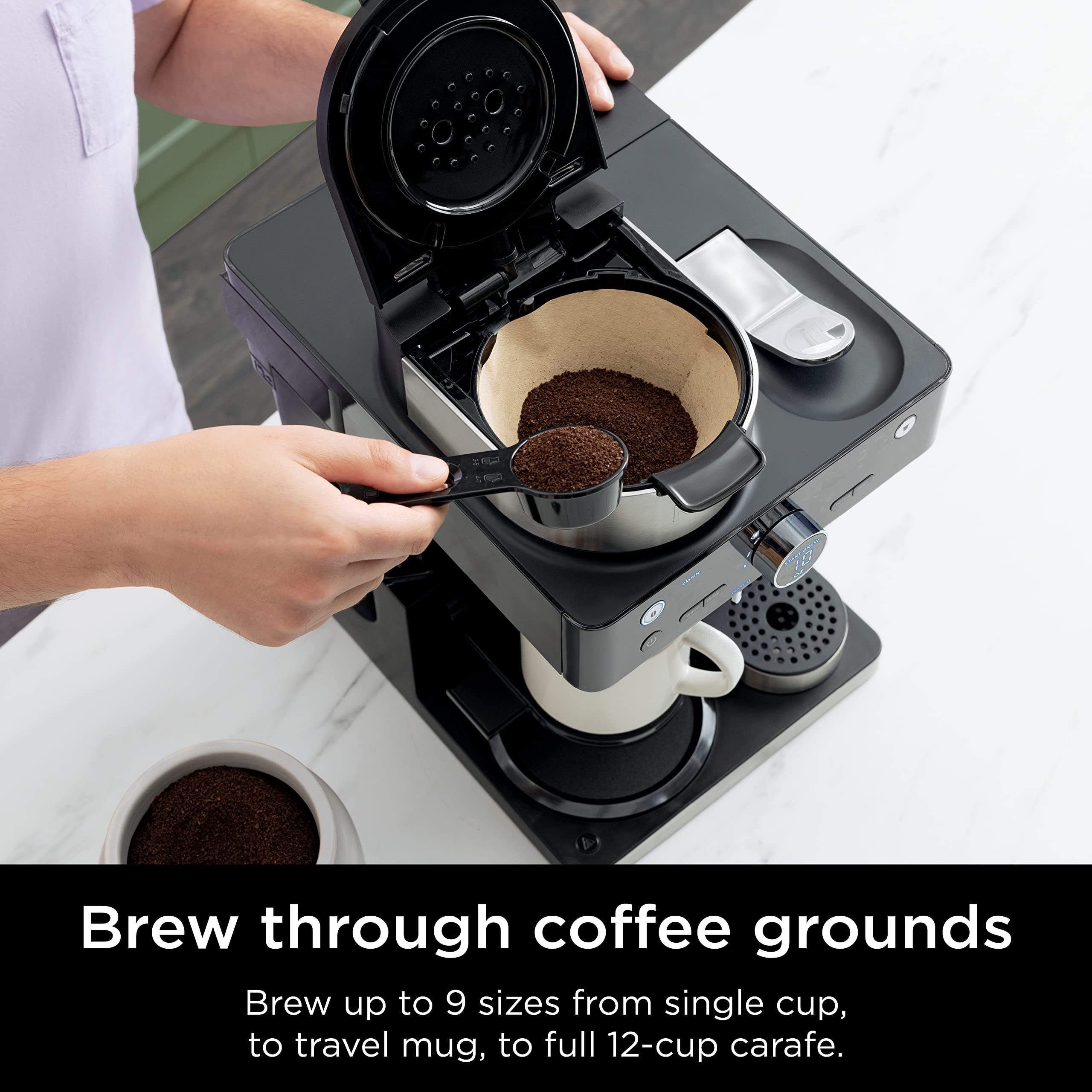Ninja CFN601C Espresso & Coffee Barista System - Single-Serve Coffee Maker with 12-Cup Carafe, Built-in Milk Frother, Compatible with Nespresso Capsules (Black & Stainless Steel) - Perfect for Home, Office and Coffee Shops