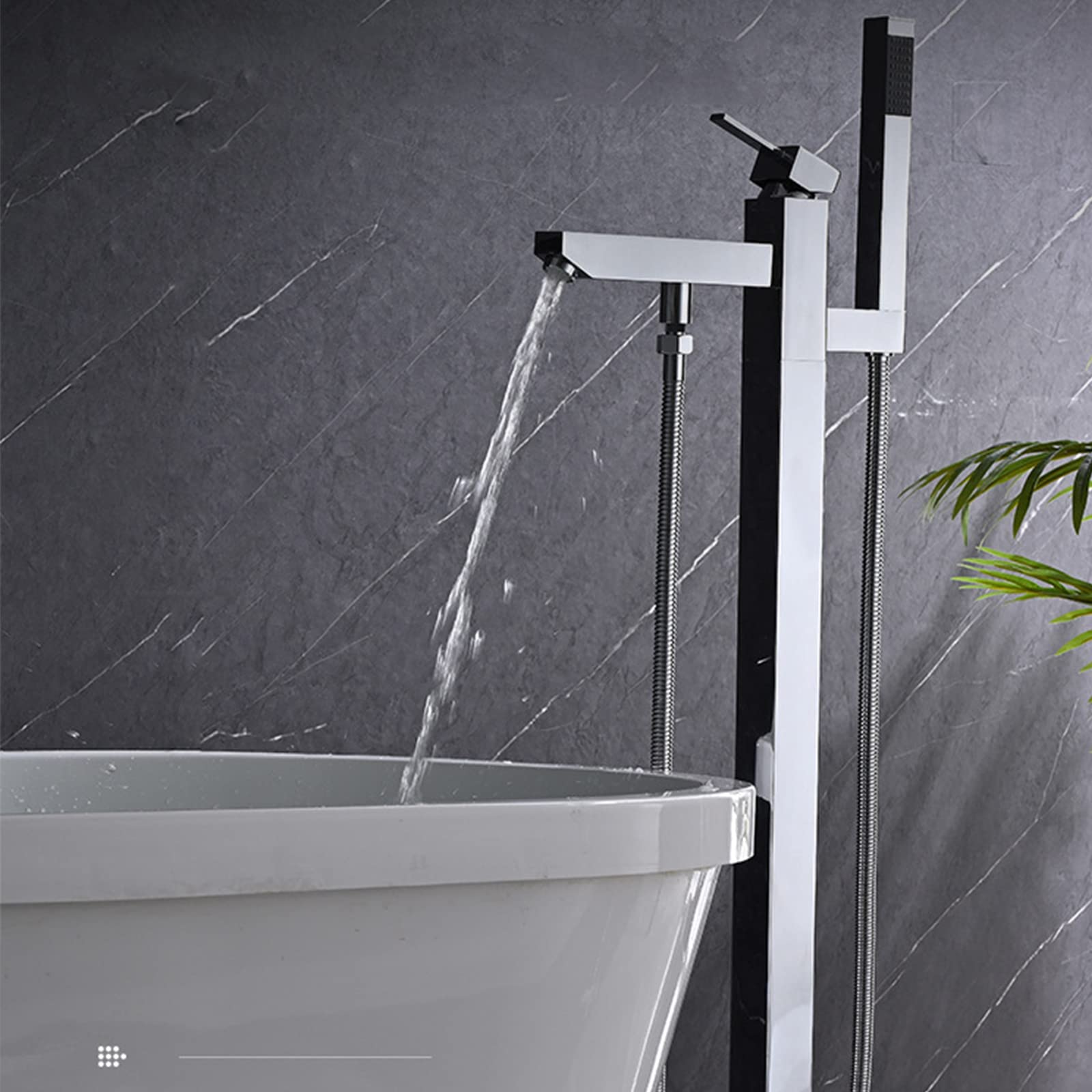 Freestanding Square Floor Mount Bathtub Faucet with Handheld Shower - Single Handle Bath Shower Faucet in 304 Stainless Steel & Chrome Finish, 360° Swivel Spout - Perfect for Modern Bathroom & Spa Retreats
