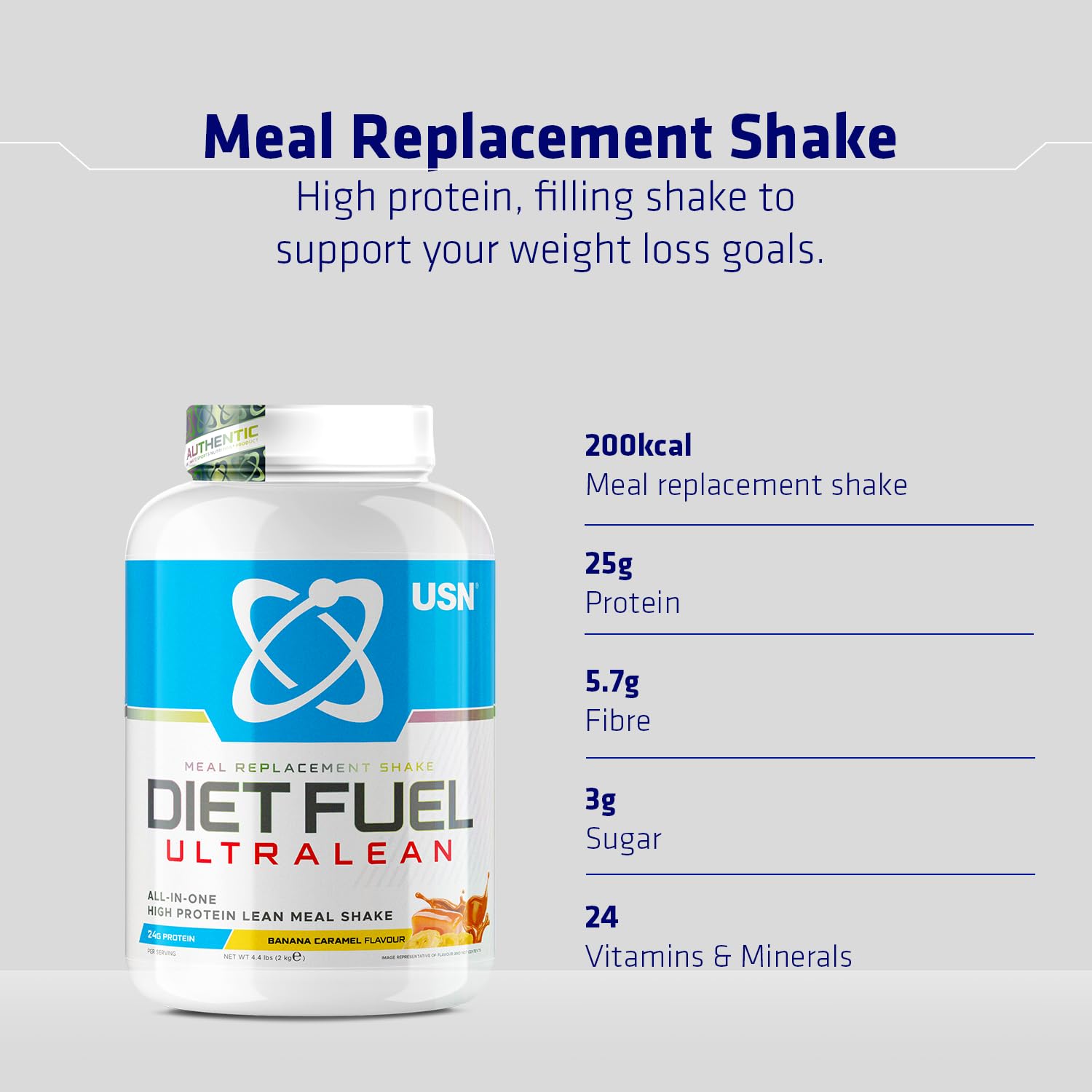 USN Diet Fuel Ultralean Banana Caramel Protein Shake Powder - 2kg Meal Replacement for Weight Loss | High Protein (24g), Low Calorie Powdered Drink Mix | Perfect for Post-Workout Recovery & Healthy Meal Substitutes