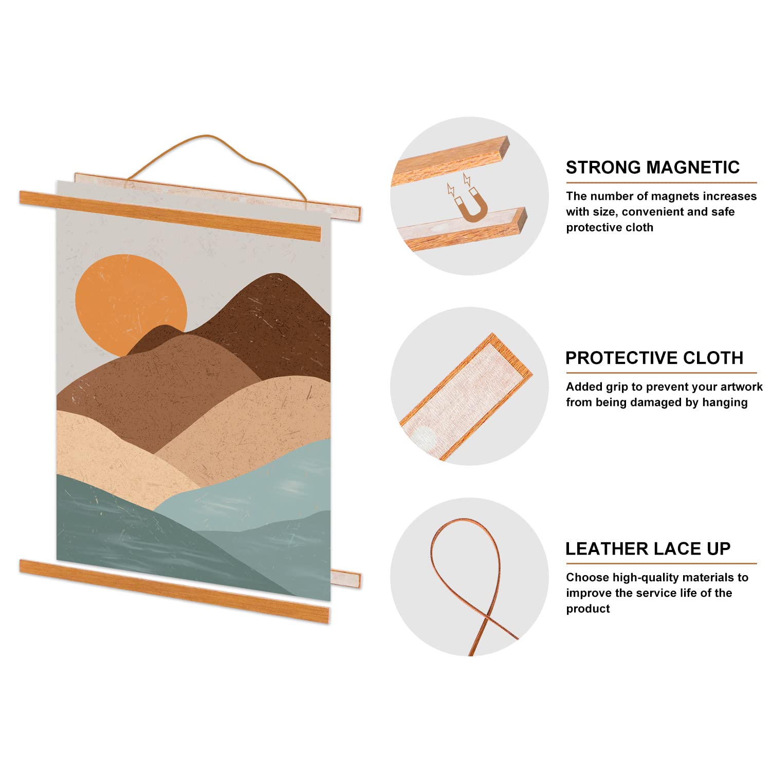 Benjia A3 Magnetic Wooden Poster Frame - Light Teak Hanging Kit for Canvas Artwork & Prints (30cm/11.8