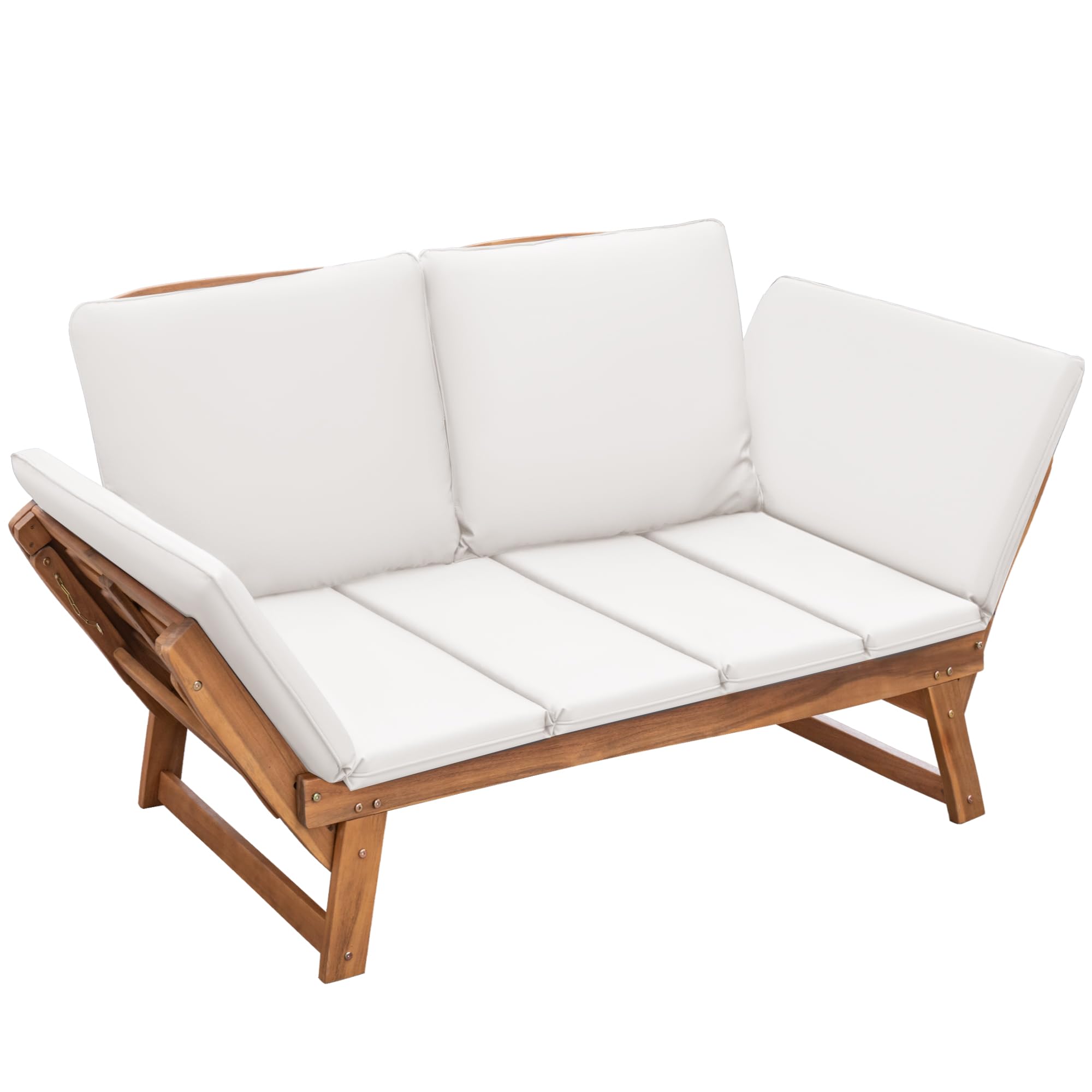 Devoko Outdoor Couch - Acacia Wood Patio Sofa with Adjustable Armrests & Removable Cushions, Convertible Lounge Furniture for Backyard, Porch, Poolside, Garden (White) - Perfect for Relaxing, Sunbathing & Outdoor Entertaining