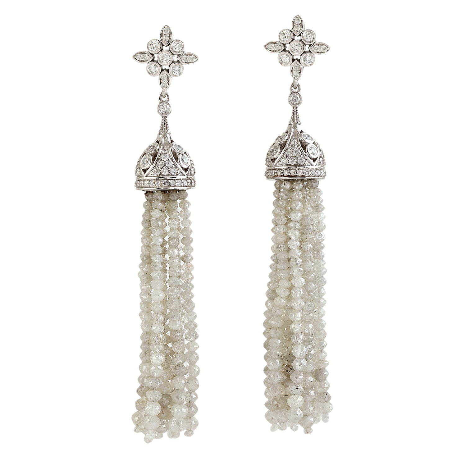 18K White Gold Faceted Ice Diamond Beads Bezel Set Diamond Tassel Earrings for Women | Elegant Dangle Drop Earrings for Party, Wedding & Special Occasions