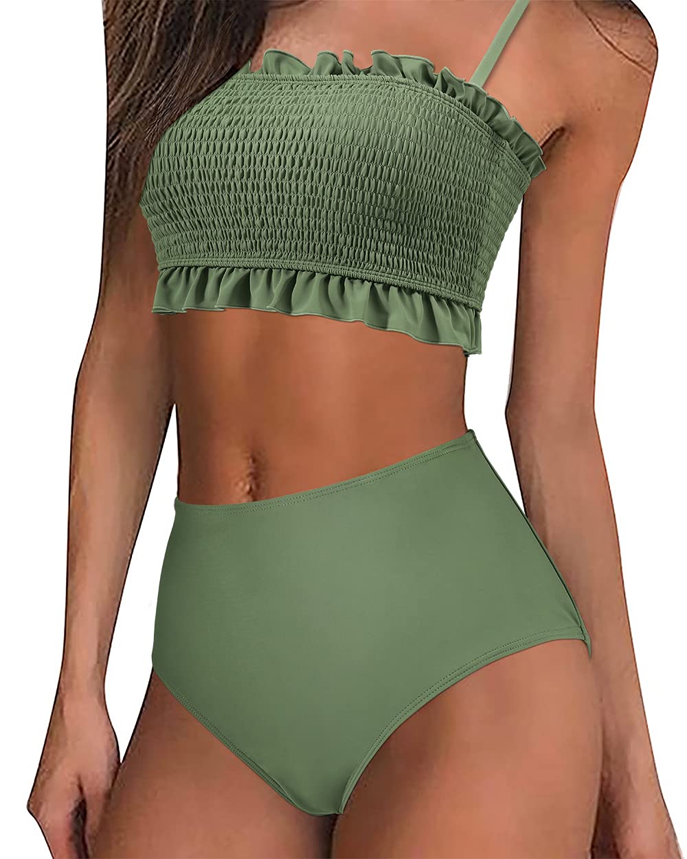 MOOSLOVER Women's Shirred Bandeau Bikini Top & High Waisted Bottom 2 Piece Swimwear Set - Sexy Summer Beach Vacation Swimsuits for Pool, Tanning and Tropical Getaways