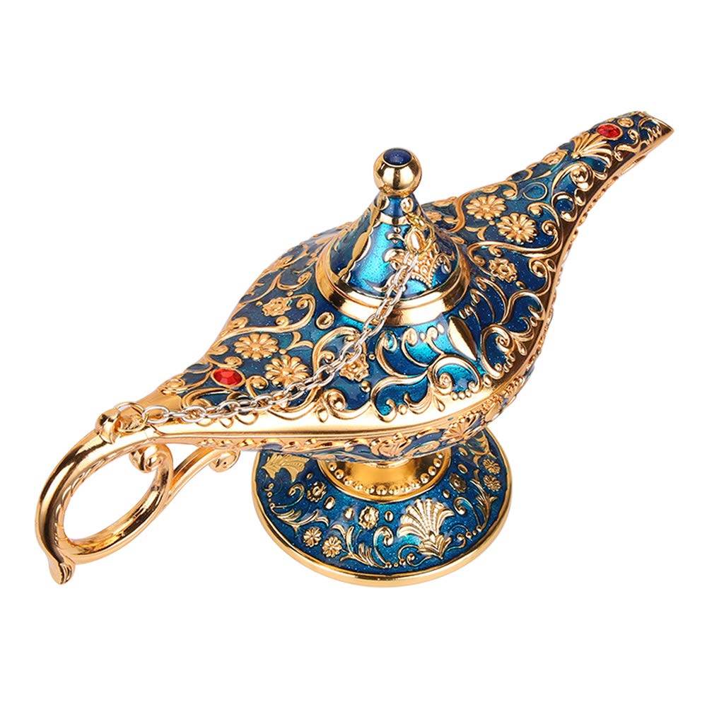 Vintage Aladdin Magic Genie Lamp Light - Classic Zinc Alloy Arabian Jewelry Box (Blue) - Perfect for Home Decor, Party, Wedding Table Centerpiece & Unique Gift Ideas