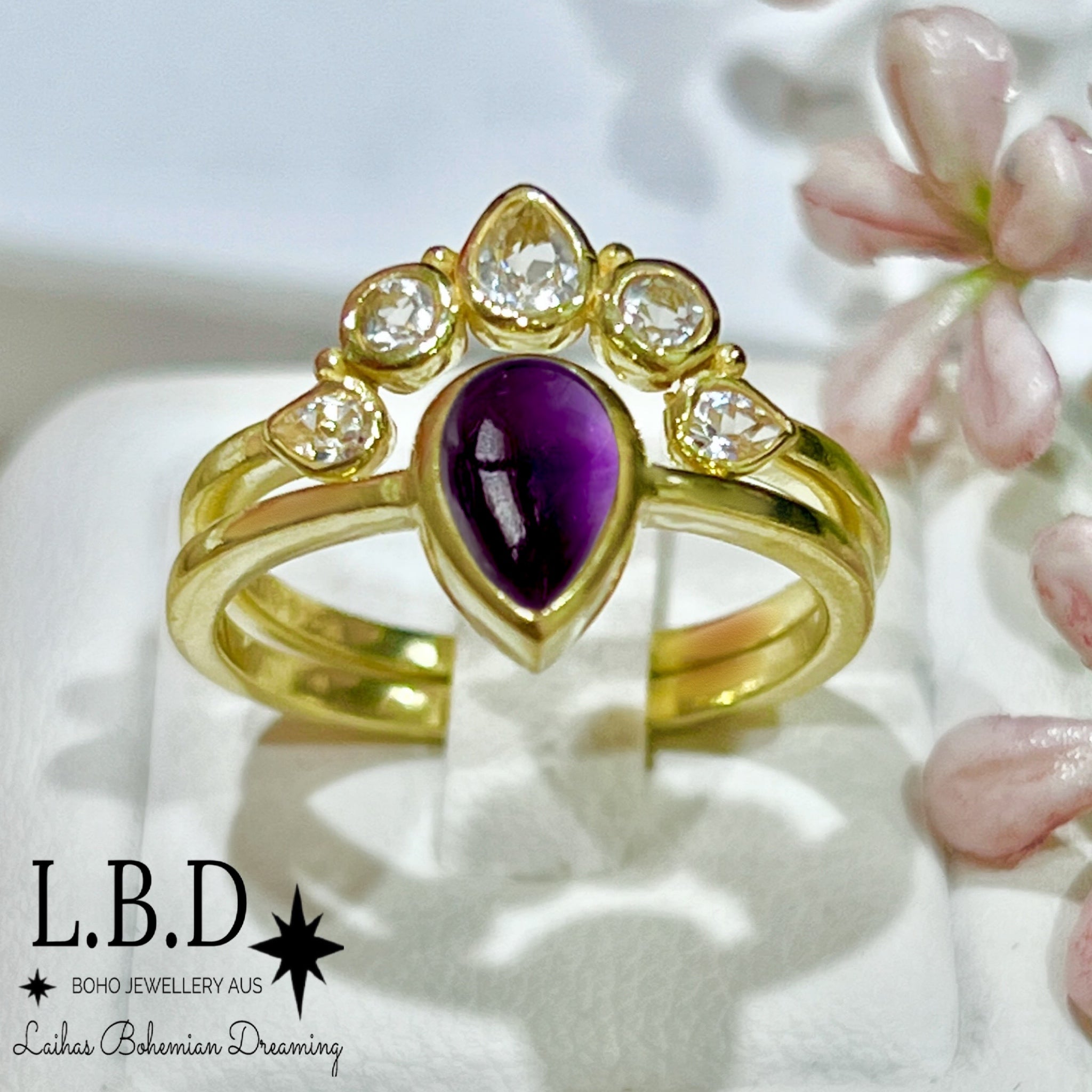 Laihas Queen of Cups Gold Topaz & Amethyst Ring Set | Elegant Gemstone Jewelry for Women | Perfect for Weddings, Parties & Special Occasions