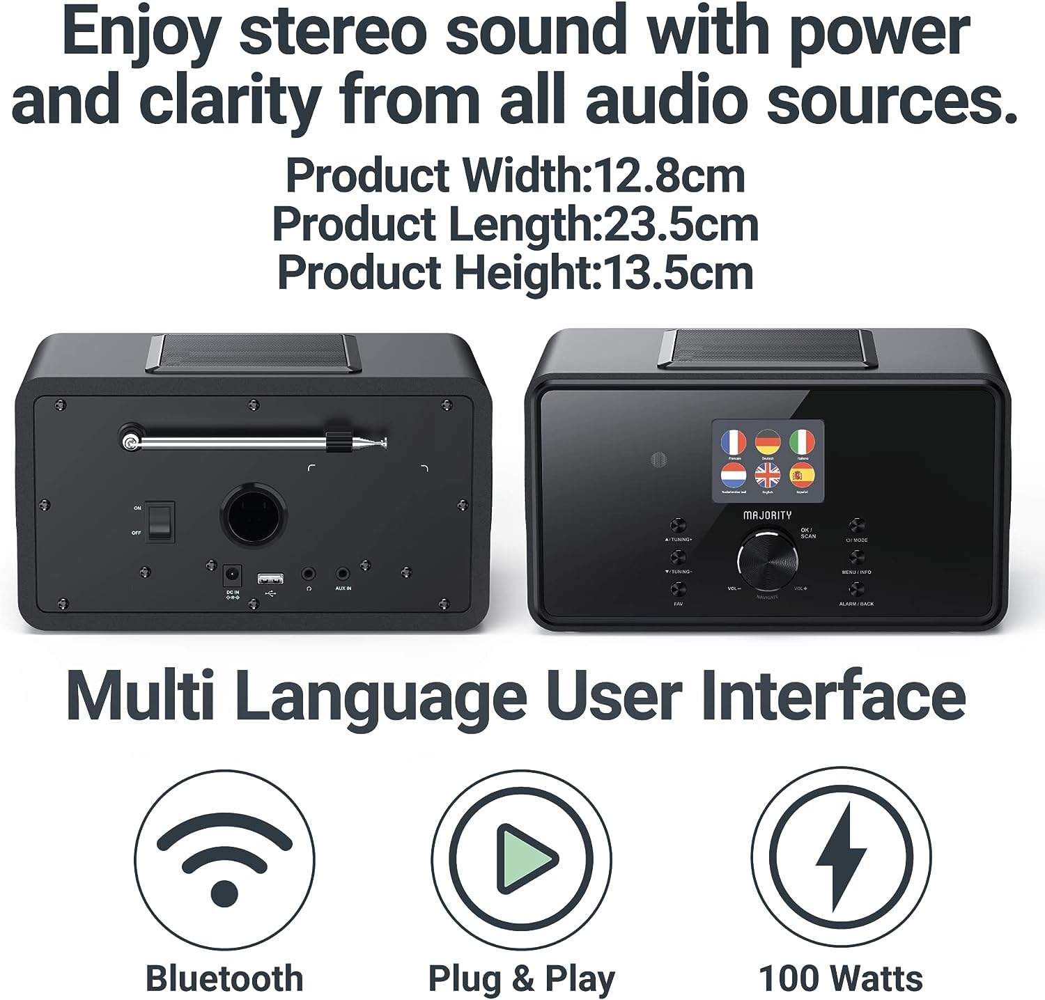 Majority Bard White Bluetooth Internet Radio with DAB+, 100W 2.1 Speakers & Built-In Subwoofer, FM Radio, Spotify Connect, Podcasts, AUX & USB, Dual Alarm, 90+ Presets, Remote Control for Home & Office Entertainment
