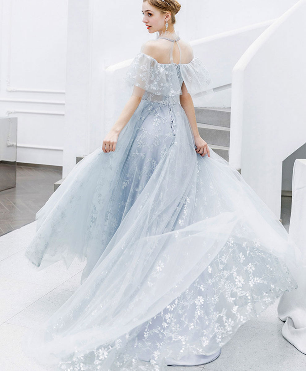 Elegant Gray Tulle Lace Long Prom Dress for Women - Formal Evening Gown for Homecoming, Wedding, Ball - Perfect for Special Occasions & Parties
