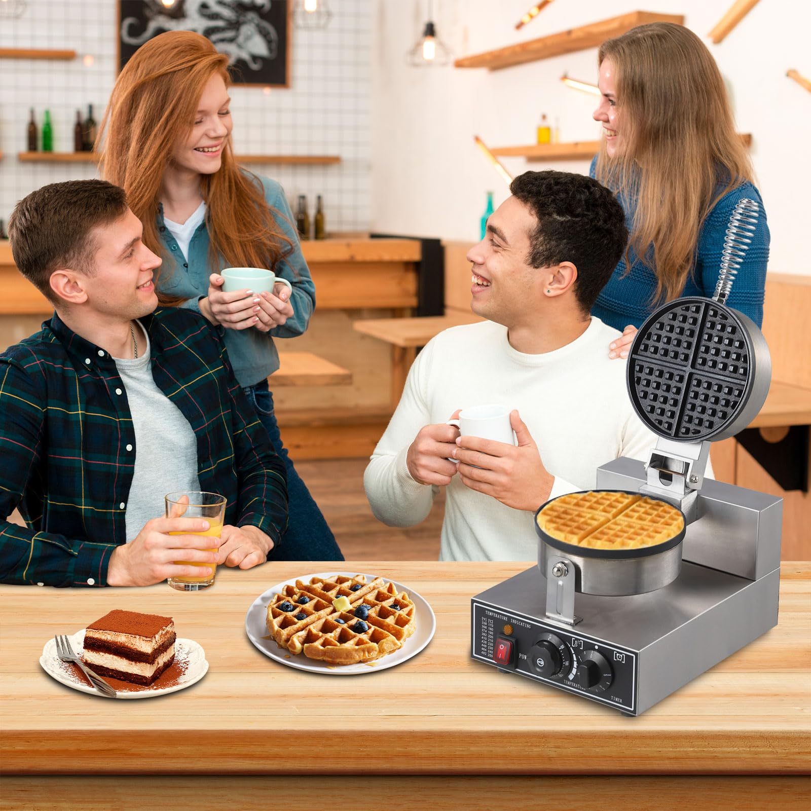 Commercial Waffle Maker 1300W - Round Non-Stick Waffle Iron with Rotatable Plates, 50°C-300°C Adjustable Temperature, Stainless Steel Restaurant Waffle Machine 110V - Perfect for Breakfast Cafes, Hotels, and Brunch Restaurants