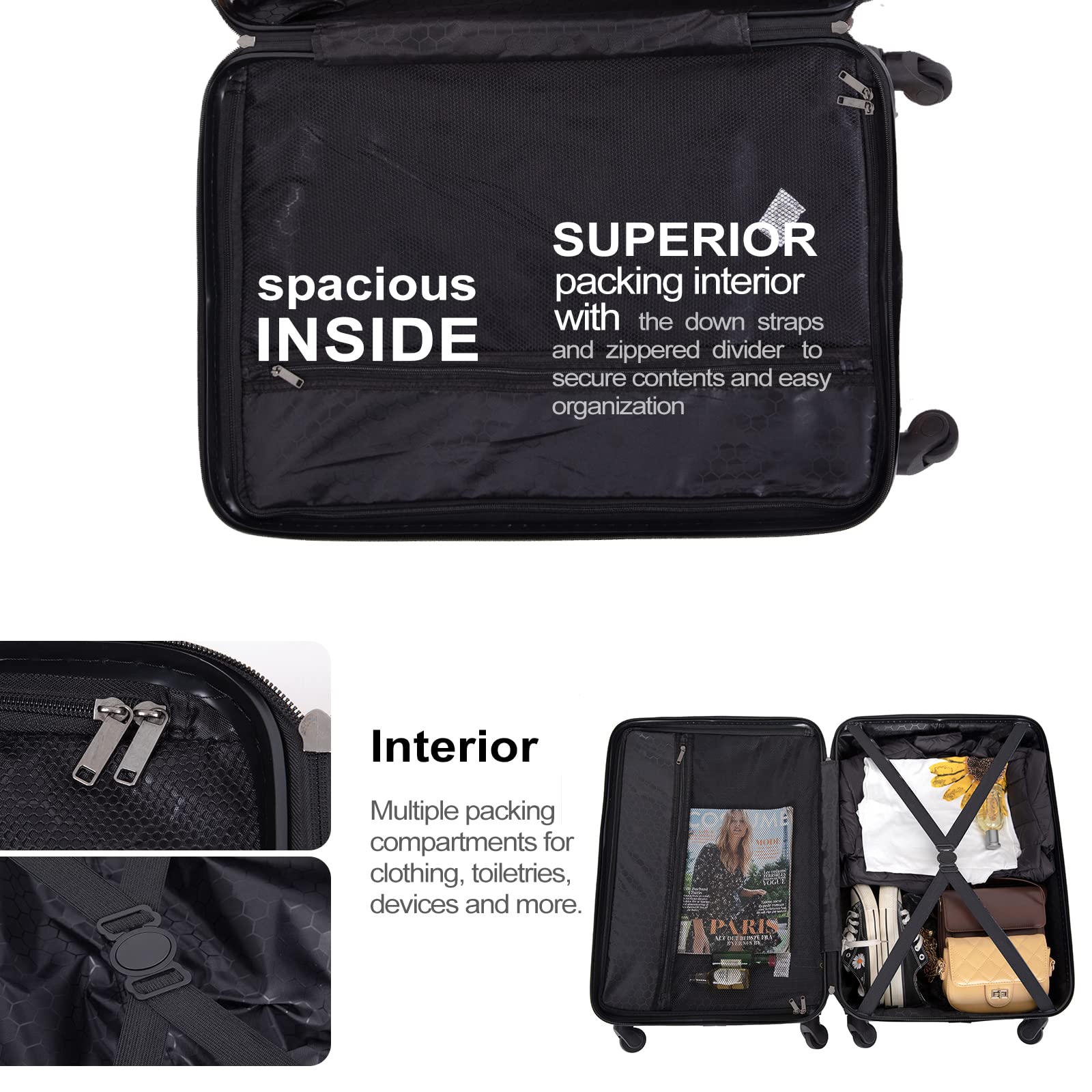 Durable Lightweight Hardshell Luggage Set with Spinner Wheels & TSA Lock - 3-Piece Carry-On Suitcase (20