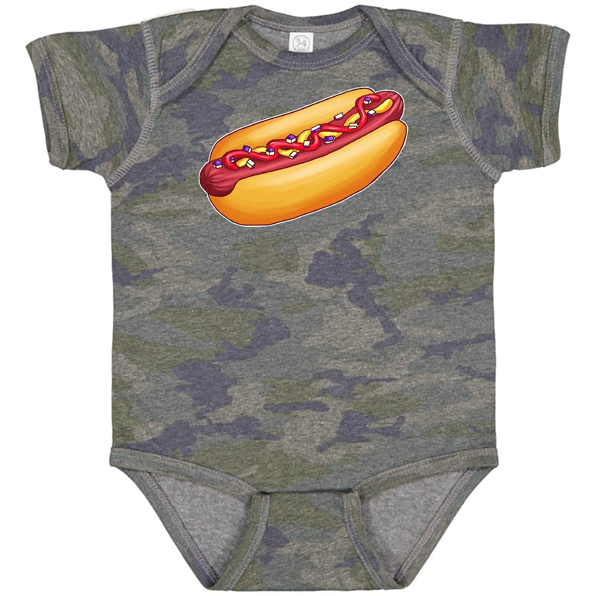 Inktastic Hot Dog Print Baby Bodysuit - Cute Mustard, Onions & Ketchup Design - Soft Cotton Infant Onesie for Playdates, Family BBQ & Photo Shoots