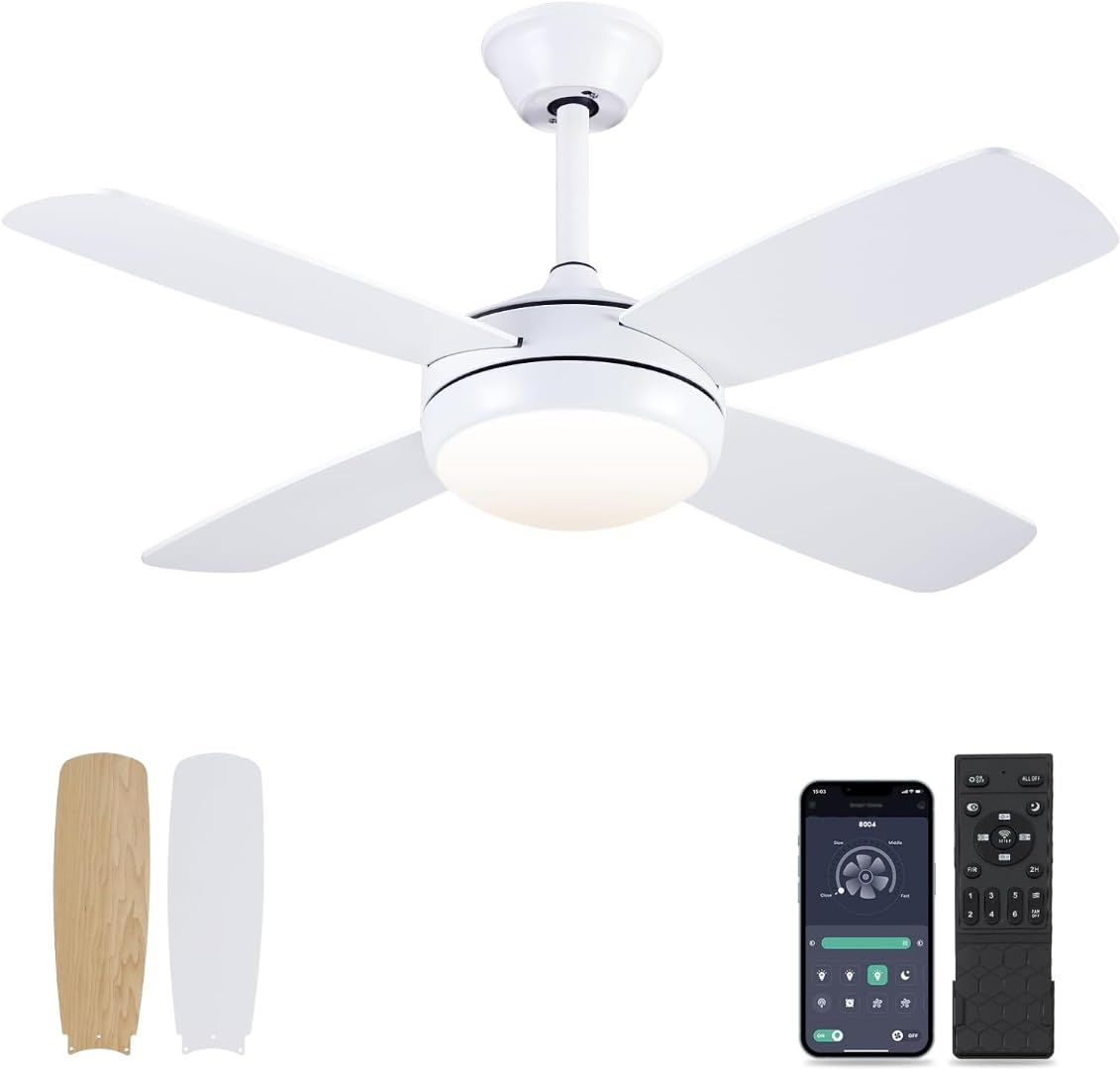 Asyko 42 Inch Modern Ceiling Fan with Light - Remote & Smart APP Control, 6 Speeds with Memory Function, Low Profile Flush Mount - Perfect for Bedroom, Living Room, Dining Room & Home Office