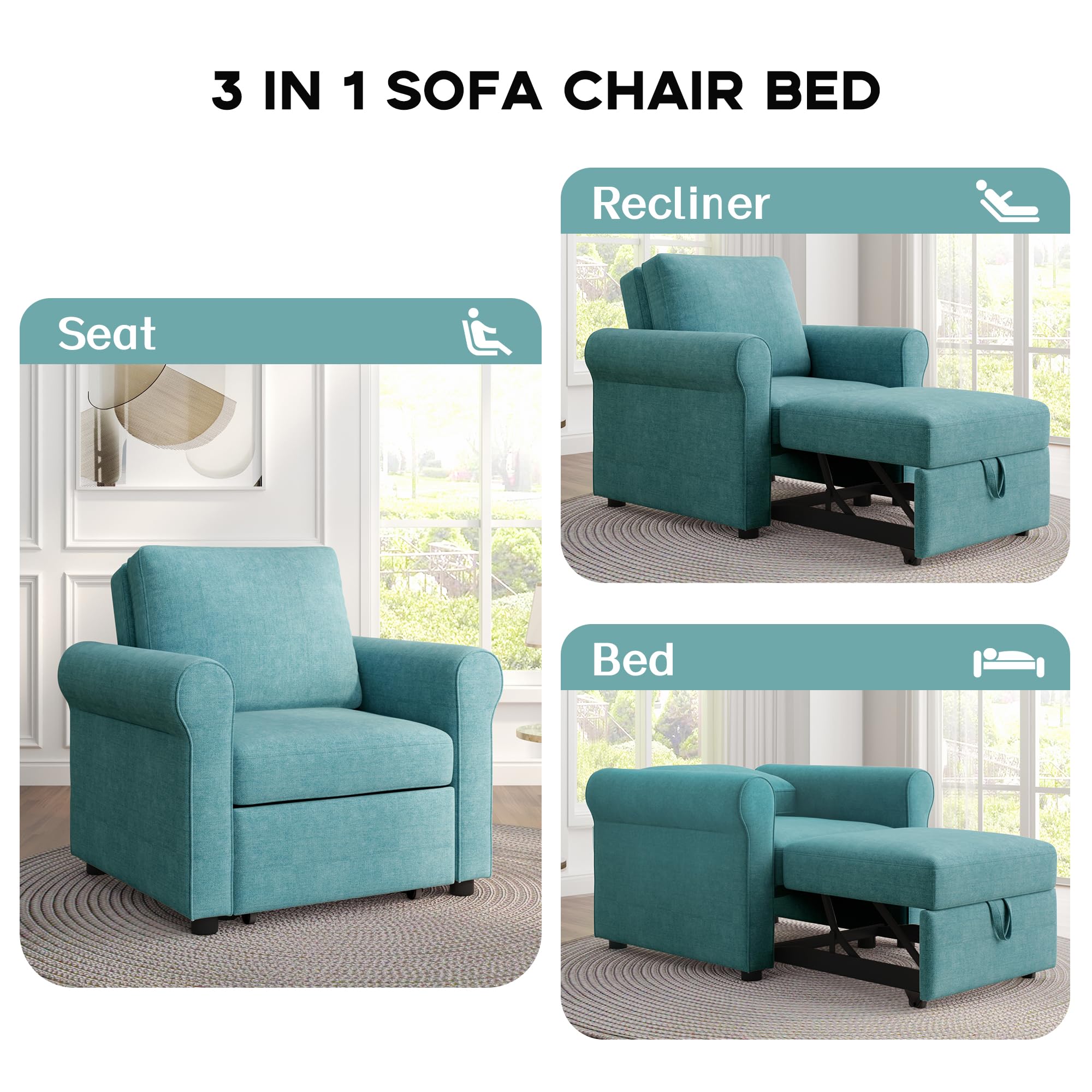 Modern 3-in-1 Convertible Sofa Bed Chair - Adjustable Sleeper Lounger with Multi-Functional Backrest for Small Spaces | Perfect for Guest Rooms, Apartments & Studio Living (Teal)