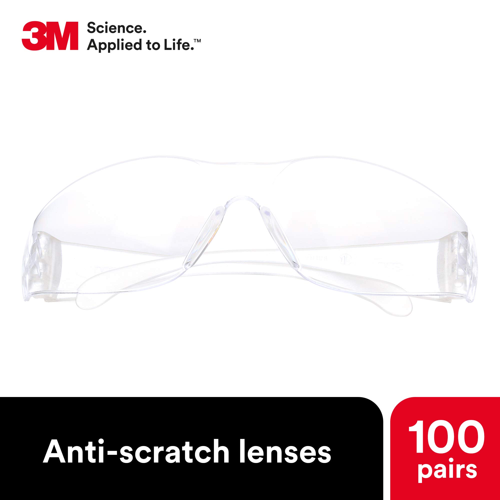 3M Virtua Safety Glasses - ANSI Z87.1 Certified, Clear Hard Coat Lens, Clear Frame, Pack of 100 - Lightweight, Wraparound Eye Protection with UV A/B/C Blocking - Ideal for Construction, Lab Work, and Industrial Safety Use