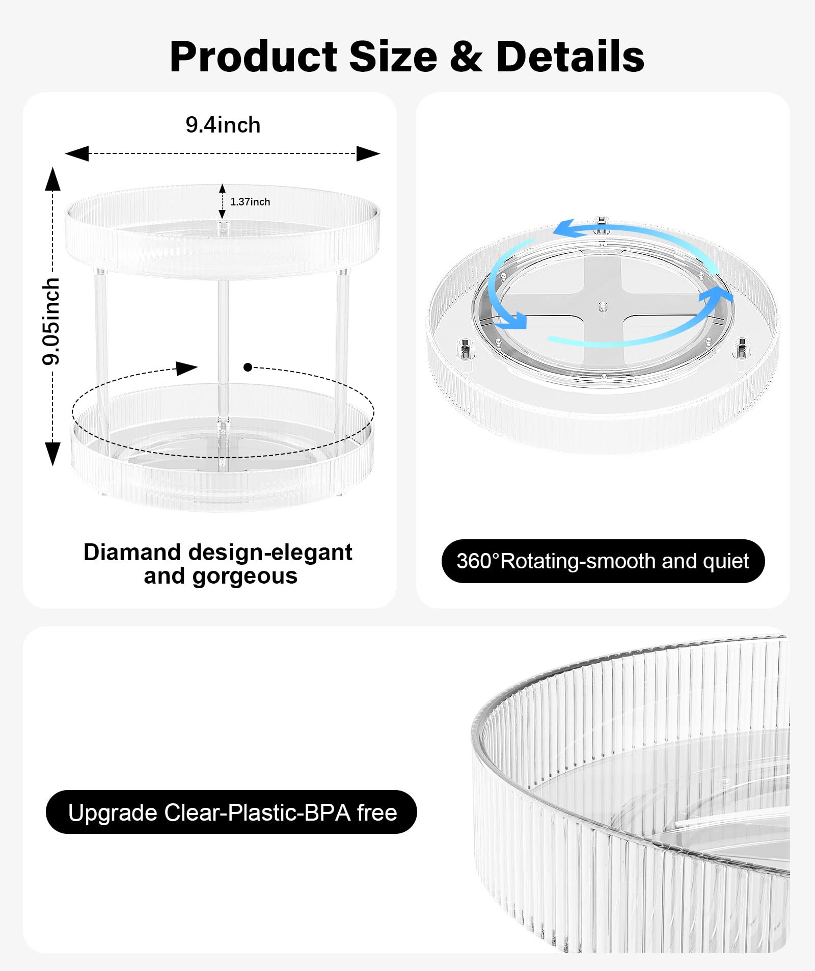 360° Clear Rotating Storage Tray - 2 Tier Lazy Susan Organizer for Bathroom Countertop | Spinning Vanity Shelf for Cosmetics, Perfume & Kitchen Supplies | Perfect for Bathroom Cabinet & Counter Organization (Medium Size)