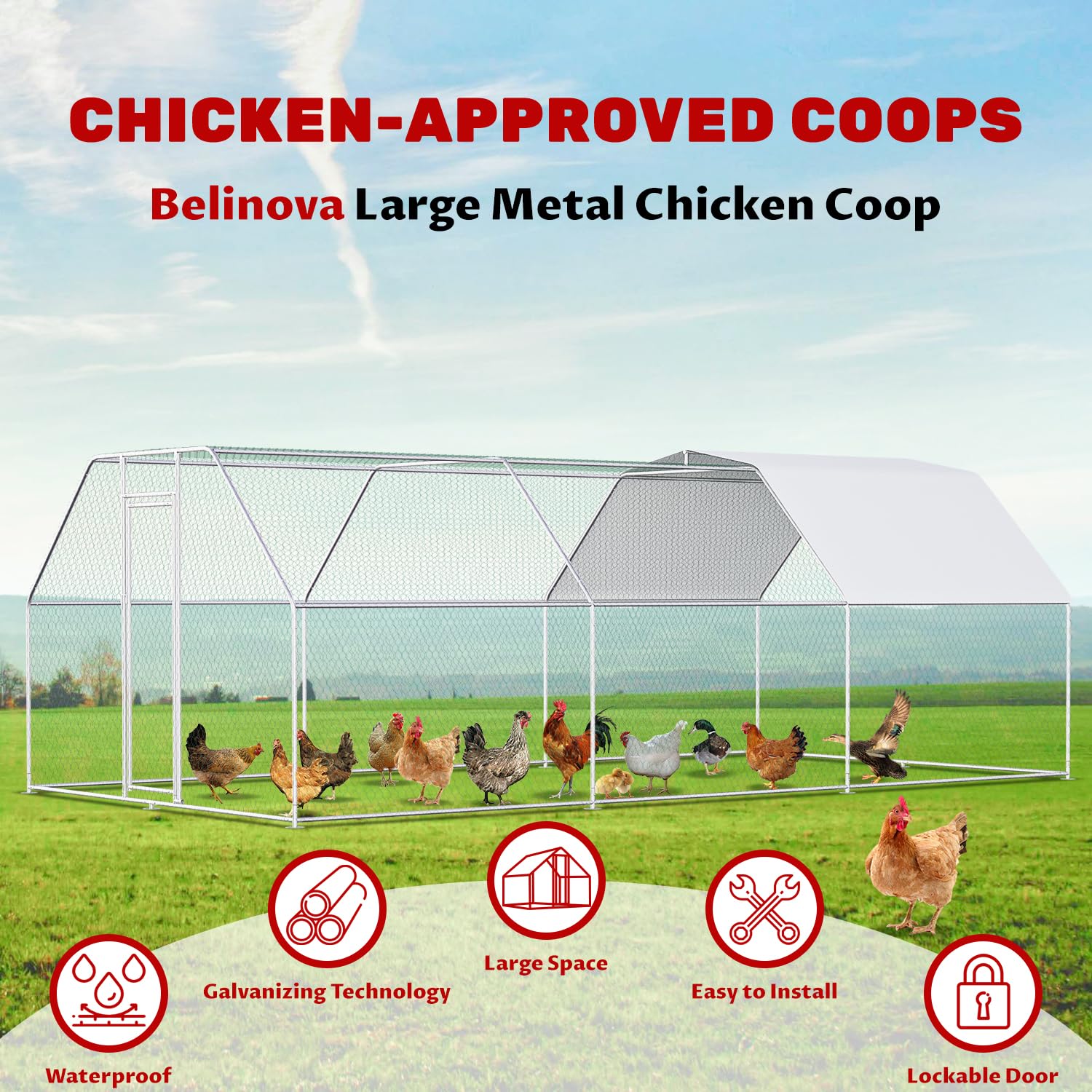 Large Walk-In Metal Chicken Coop for Multiple Chickens - Durable Poultry Cage with Waterproof & UV-Resistant Cover - Backyard Chicken House (19.5'L x 9.8'W x 6.8'H) - Perfect for Raising Hens, Ducks & Small Livestock in Your Garden or Farm