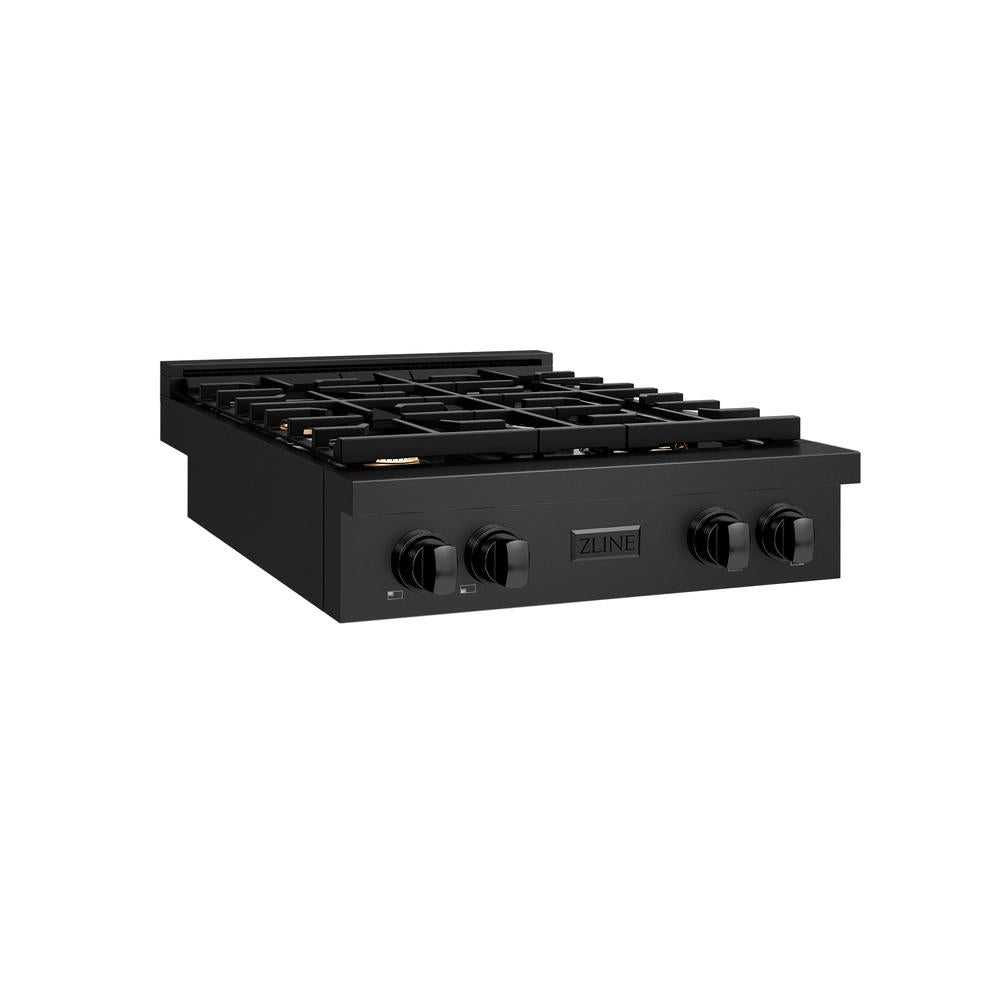 ZLINE 30 Inch Black Stainless Steel Gas Rangetop with 4 Brass Burners & Porcelain Cooktop - Professional SRTB BR 30 Range for Home Kitchen & Restaurant Use