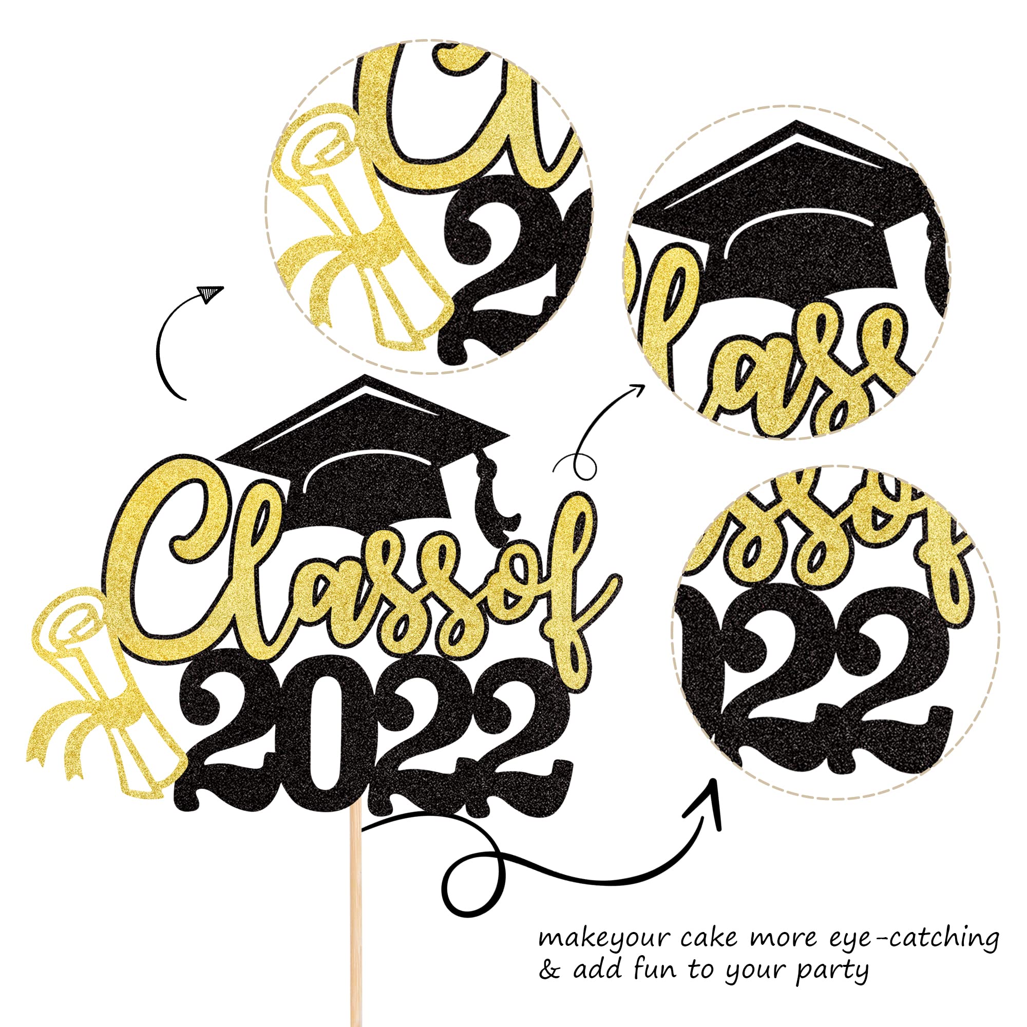2022 Graduation Cake Topper - Gold Glitter Diploma & Cap Cake Pick - Class of 2022 Party Decorations for Graduation Cakes, Cupcakes & Desserts