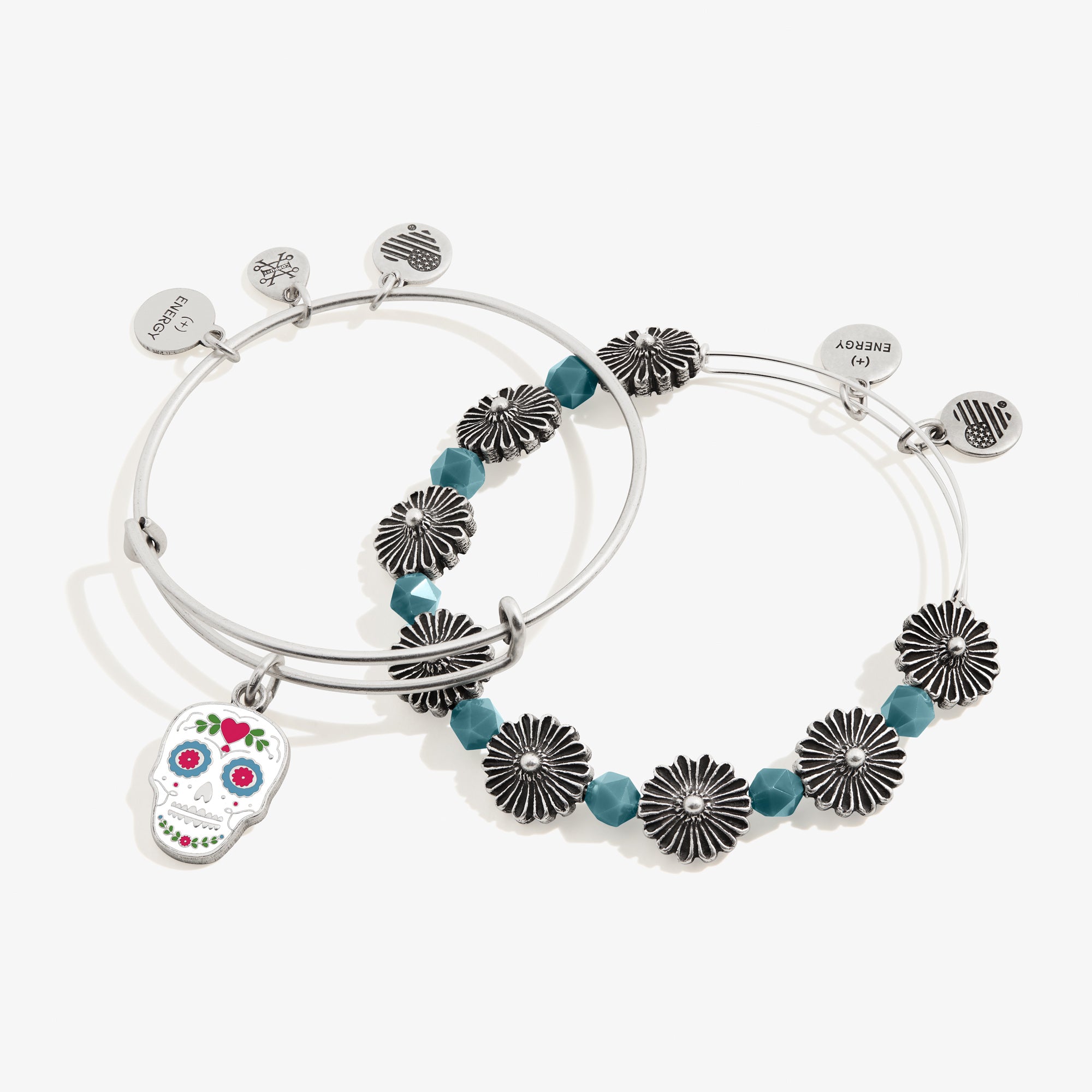 Mexican Sugar Skull Charm Bangles - Set of 2 Handmade Beaded Bracelets for Women - Perfect for Day of the Dead Celebrations, Halloween Costumes & Boho Fashion Accessories