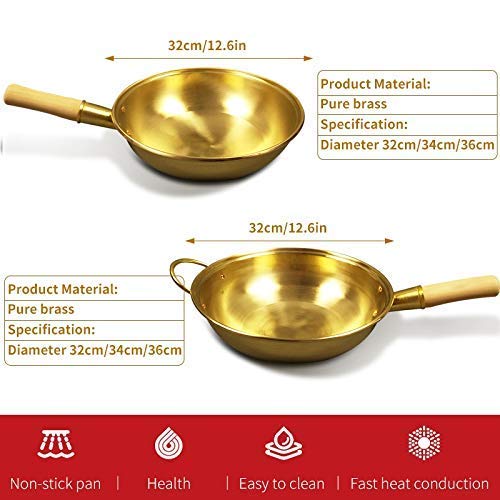 **Pure Copper Wok Pan - 34cm Thickened Brass Frying Pan with Wooden Handle - Professional Cookware for Stir-Fry, Sauté & Deep Frying - Ear Copper Pot for Home & Restaurant Use**