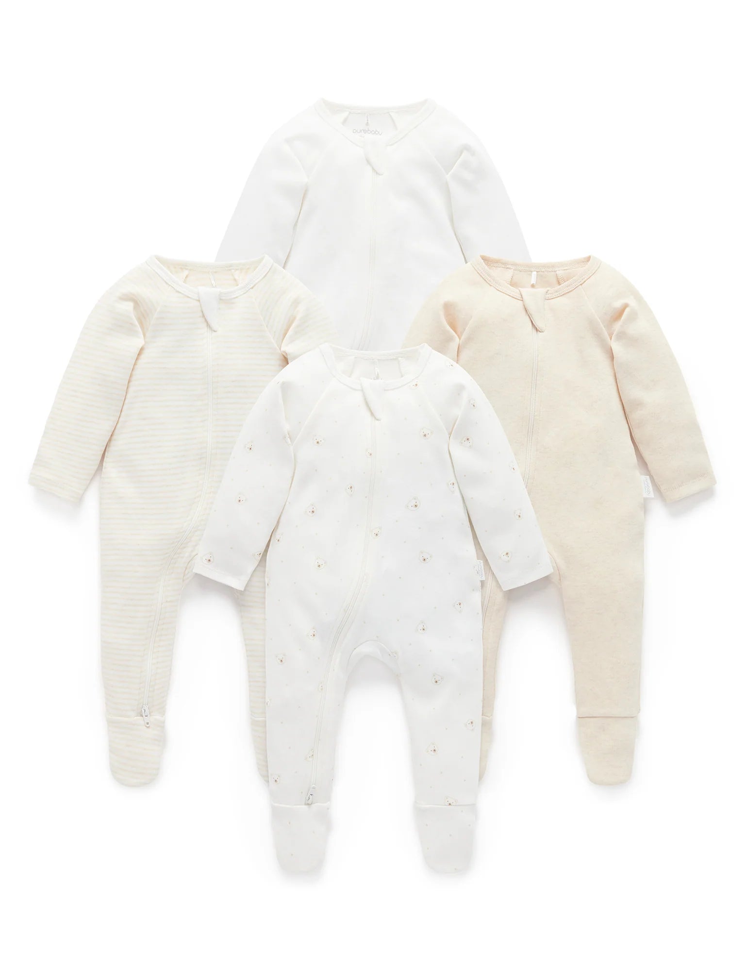 Purebaby Organic Cotton Zip Growsuit 4-Pack - Soft Baby Bodysuit with Bear Design | Perfect for Newborns, Infants & Toddlers | Ideal for Playtime, Sleep & Everyday Wear