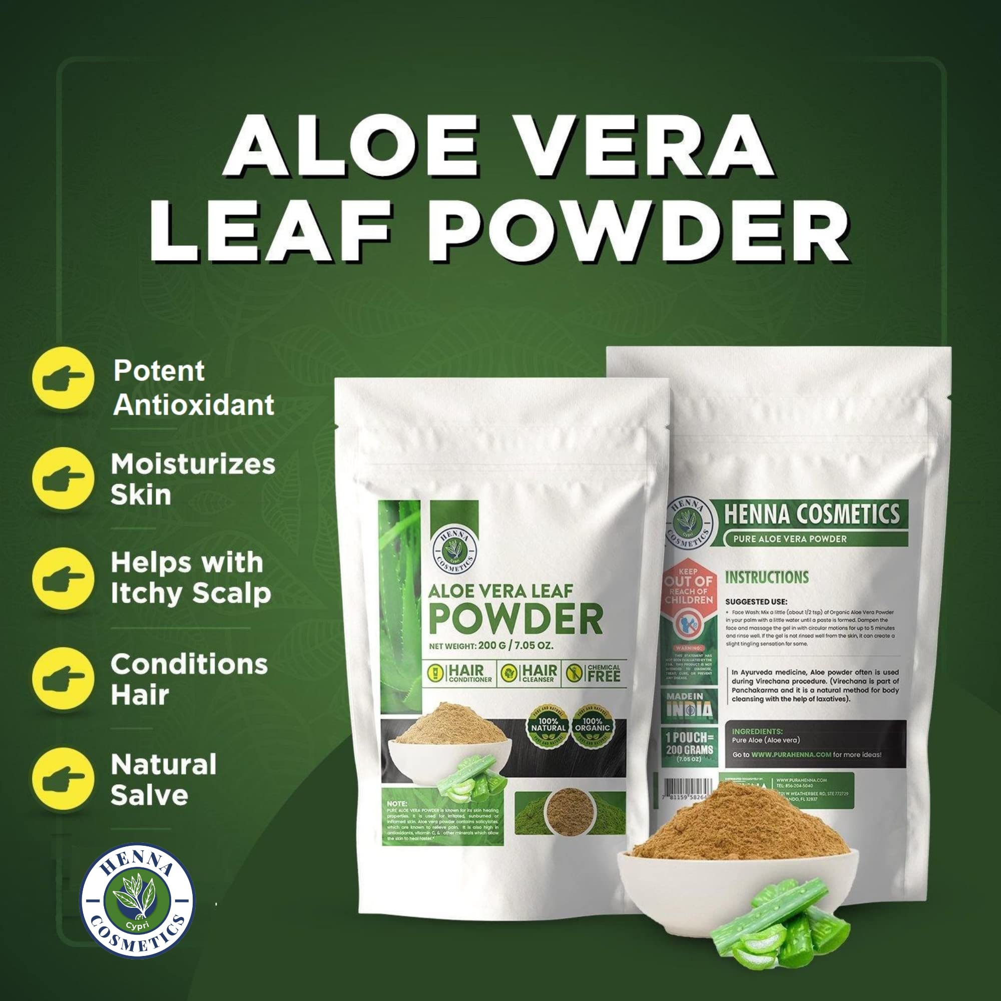 Organic Aloe Vera Leaf Powder (Aloe Barbadensis) - 100% Pure Natural Moisturizer for Hair & Skin Care | 3.53 Oz (100g) | DIY Face Masks, Juice, Salve & Beauty Recipes | Perfect for Dry Skin & Hair Treatment