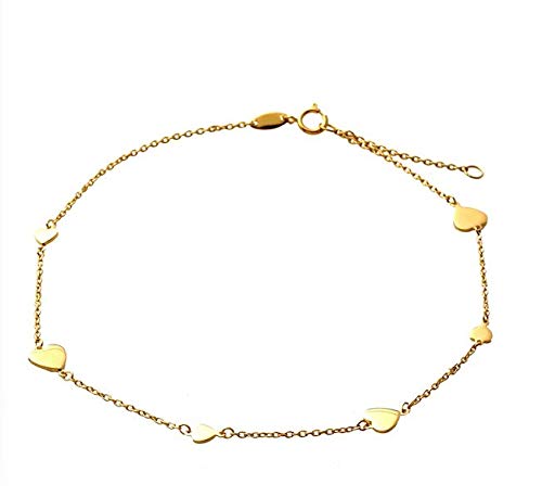 10K Yellow Gold 0.5mm Plain Heart Charm Anklet - Adjustable 9 to 10 Inches - Dainty Delicate Ankle Bracelet for Women - Perfect Gift for Valentine's Day, Anniversary or Everyday Wear