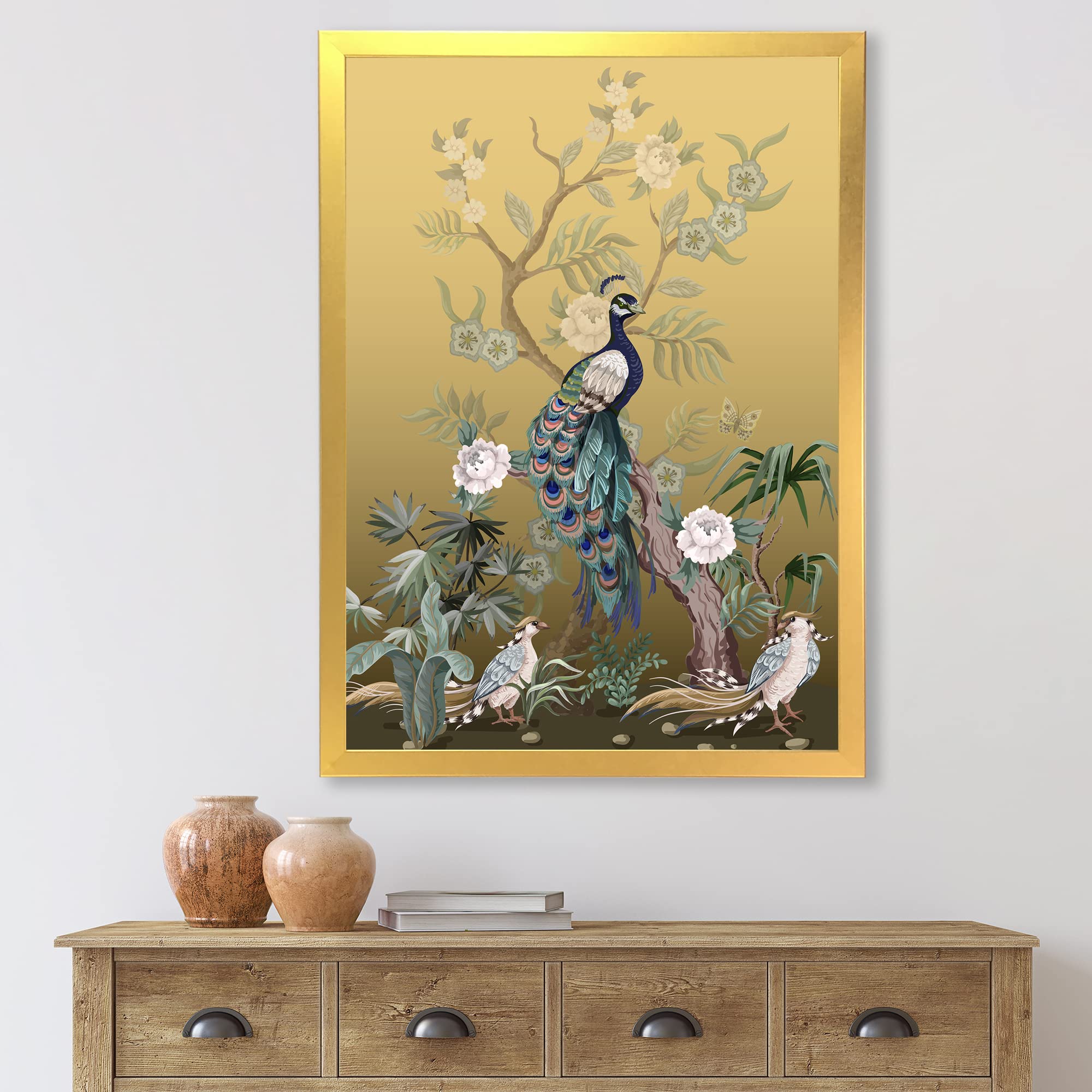 DesignQ Chinoiserie With Birds and Peonies VI Traditional Framed Wall Art - 30x40 Inches - Elegant Home Decor for Living Room, Bedroom & Office - Ready to Hang - FRAME35101