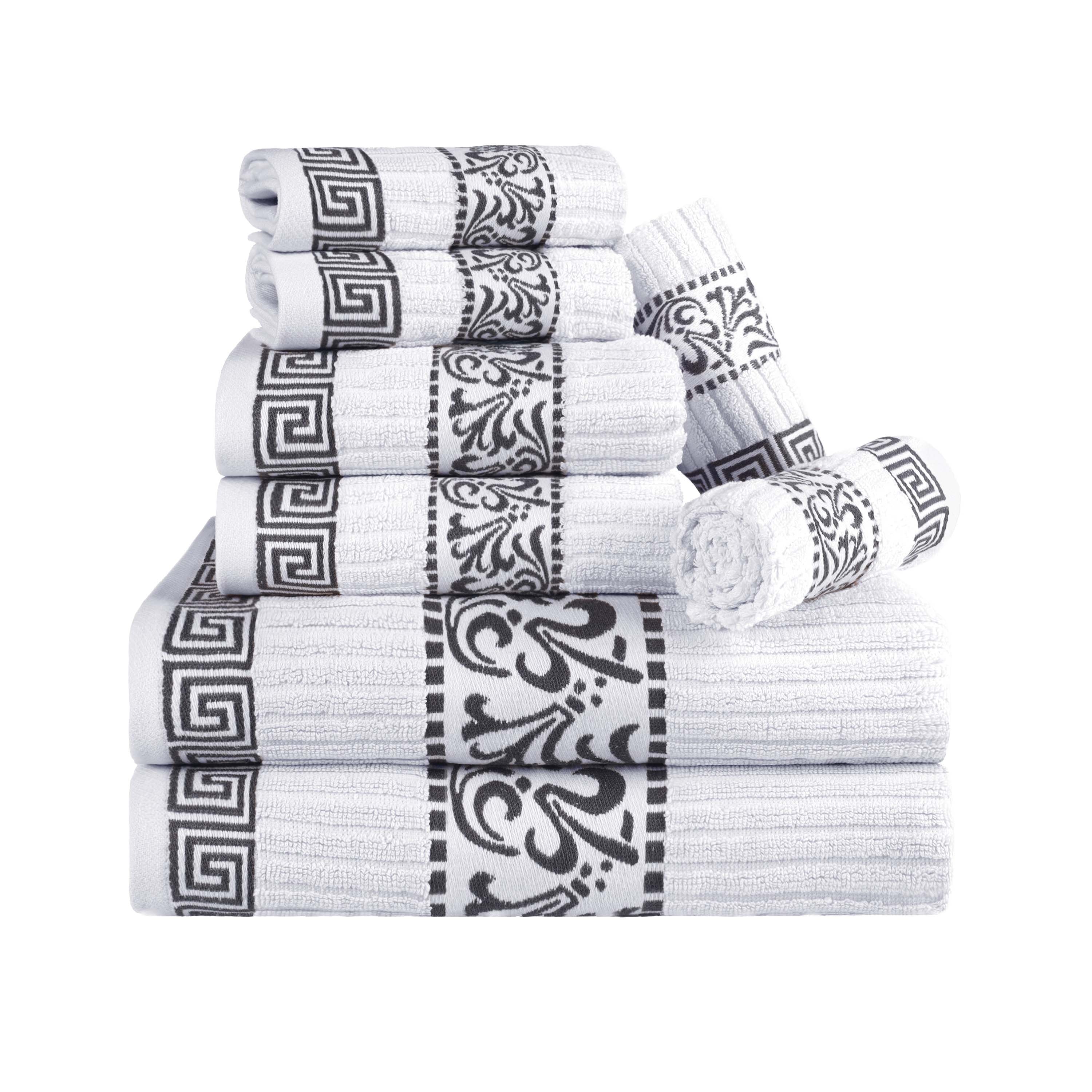 Premium 8-Piece Cotton Towel Set with Greek Scroll & Floral Design - Soft Bath Towels, Hand Towels & Washcloths - Perfect for Bathroom, Spa & Luxury Home Decor