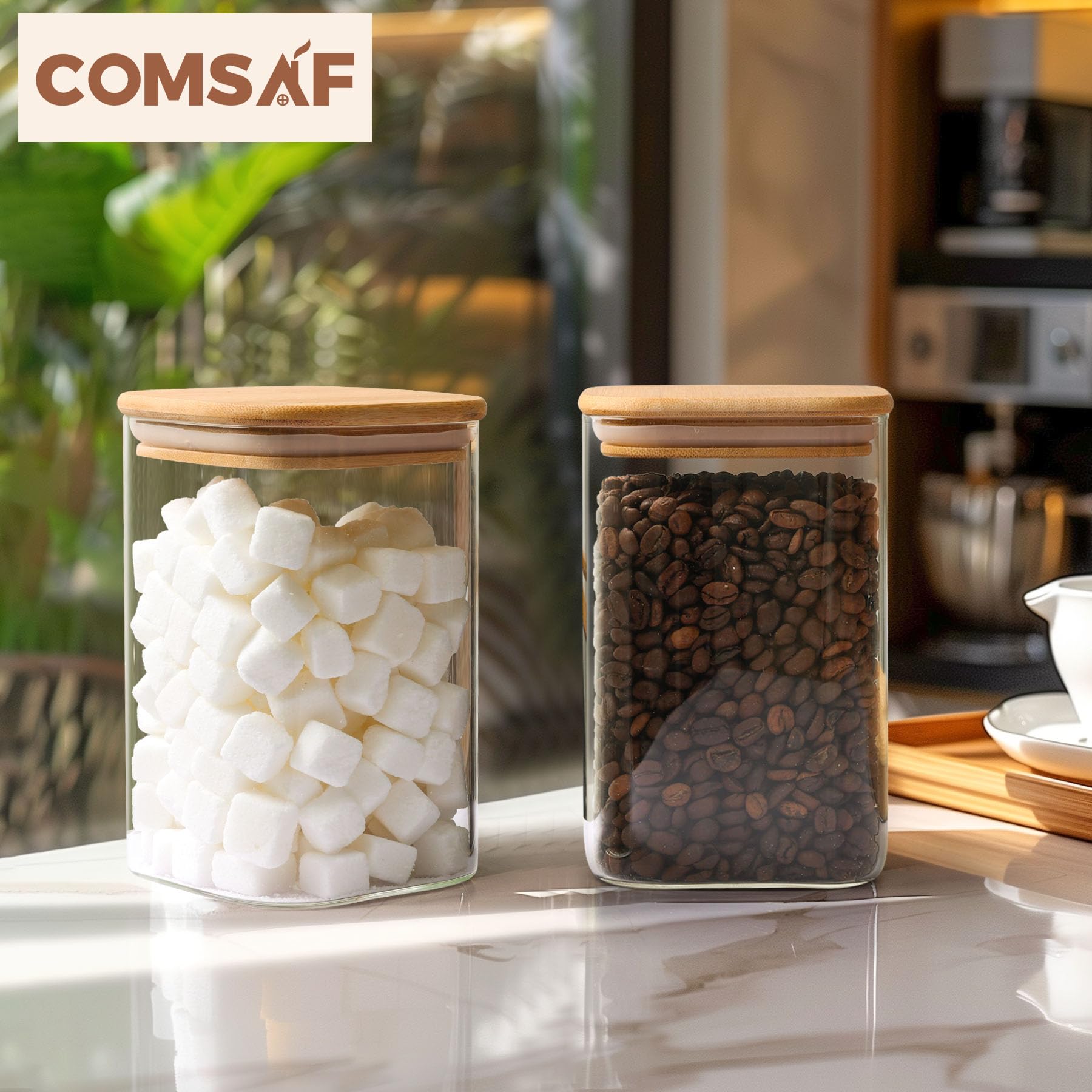 ComSaf 37 oz Glass Storage Containers with Airtight Lids - Set of 6 Clear Square Food Jars for Pantry Organization | Perfect for Storing Cookies, Flour, Oats, Pasta, Tea & Coffee Beans | Kitchen & Home Storage Solution