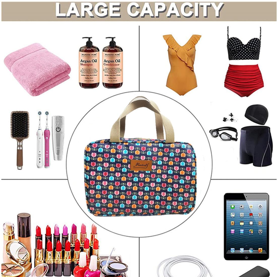 Large Makeup Bag for Women - Waterproof Travel Cosmetic Organizer with Brush Compartment (Little Flower Blue) | Perfect for Travel, Gym & Daily Essentials Storage