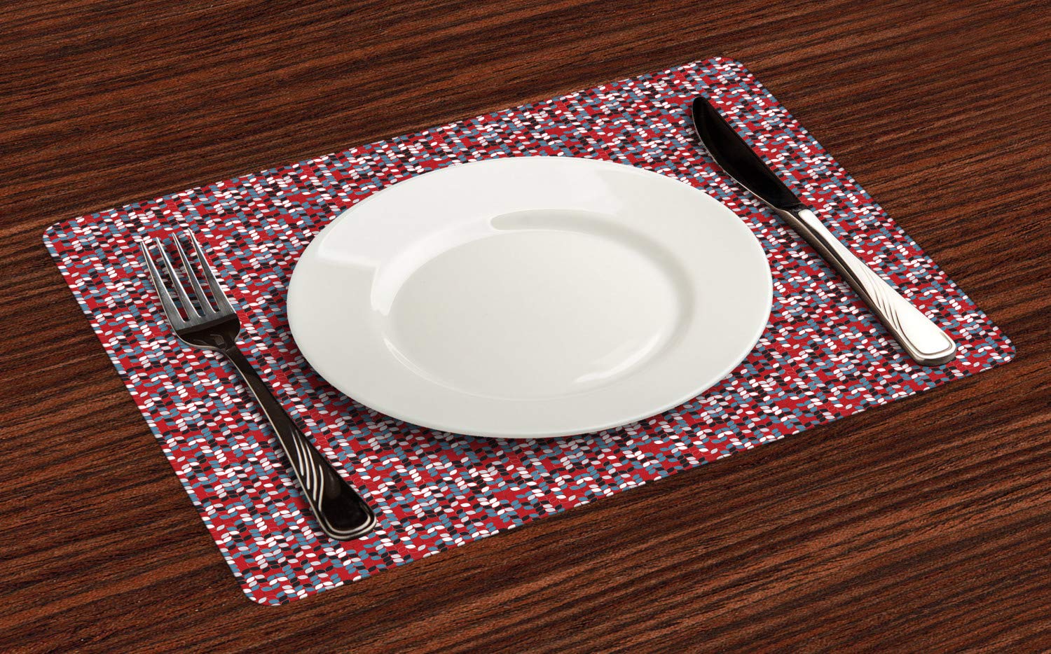 Ambesonne 4-Piece Abstract Placemats Set - Geometric Leaf Pattern Mosaic Grid Design, Washable Fabric Dining Table Mats, Standard Size in Vermilion, Slate Blue, Charcoal Grey & White - Perfect for Dinner Parties, Holiday Gatherings & Everyday Meals