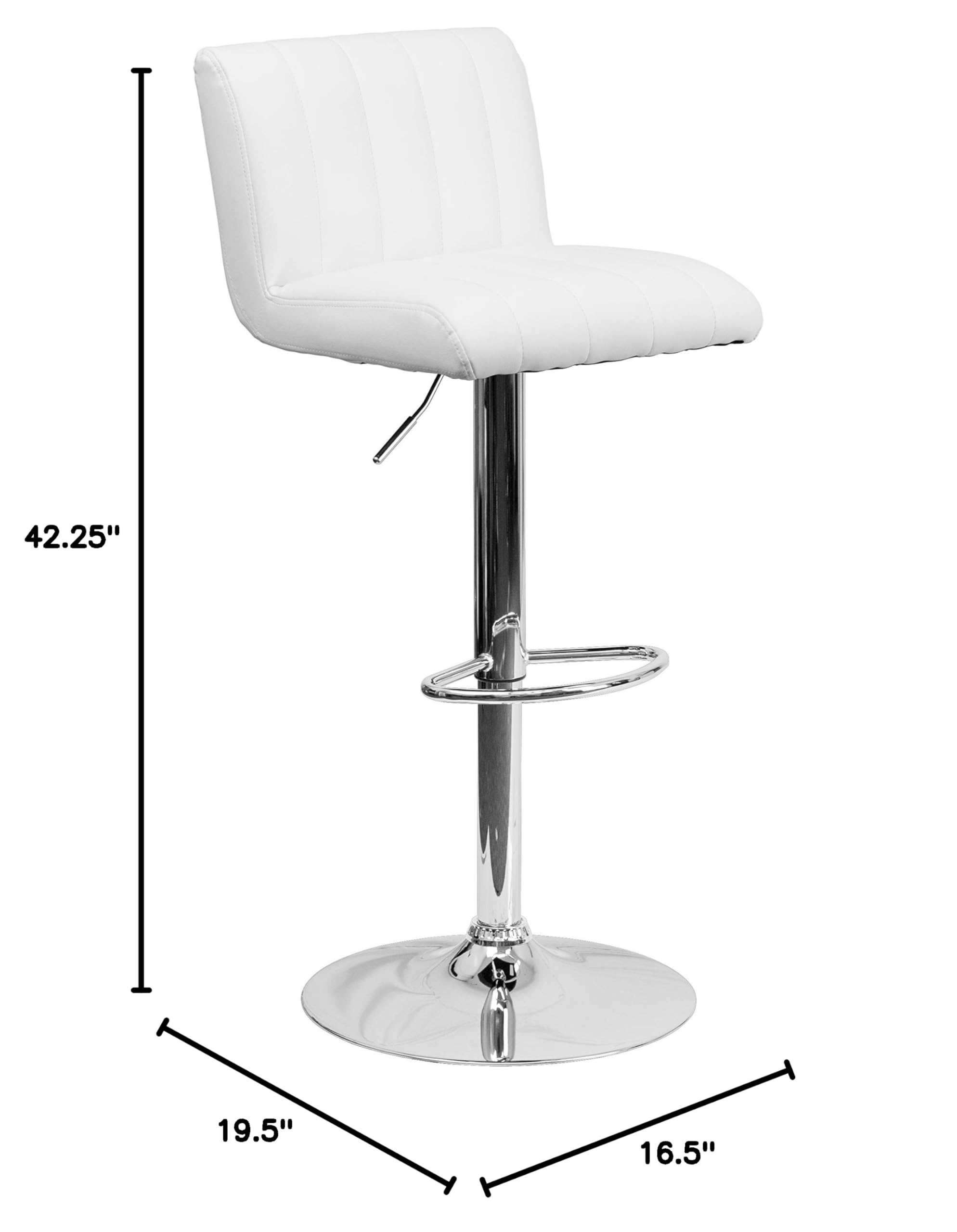 2 Pack White Vinyl Adjustable Bar Stools with Vertical Stitch Design & Chrome Base - Modern Kitchen Counter Stools for Dining Room, Bar, or Breakfast Nook