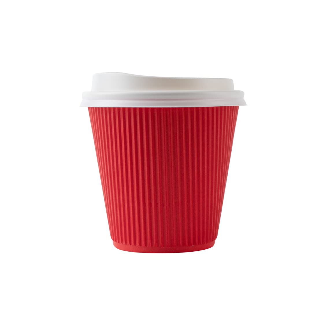 Restaurantware 8oz Insulated Coffee Cups with Lids - 400 Pack Leakproof Ripple Wall Hot Cups | Disposable Red Paper Coffee Cups for Tea, Hot Cocoa & Lattes | Perfect for Cafes, Offices & Catering Events