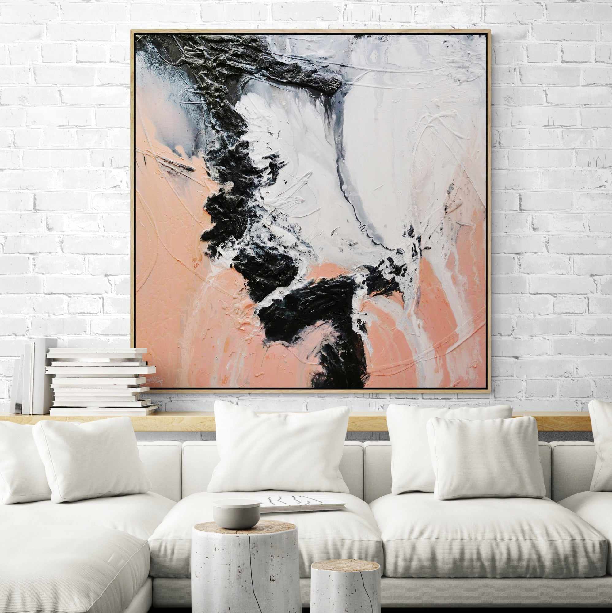 Luminous Ice 120x120cm Pink & White Textured Abstract Canvas Wall Art - Perfect for Modern Living Room, Bedroom & Office Decor