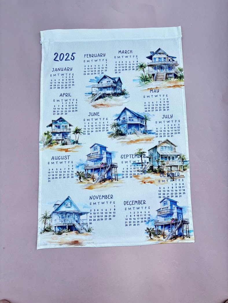 2025 Travel Themed Wall Calendar Towel - Linen Beach Houses Design - Perfect for Home, Office & Vacation Decor - Gift for Men & Women