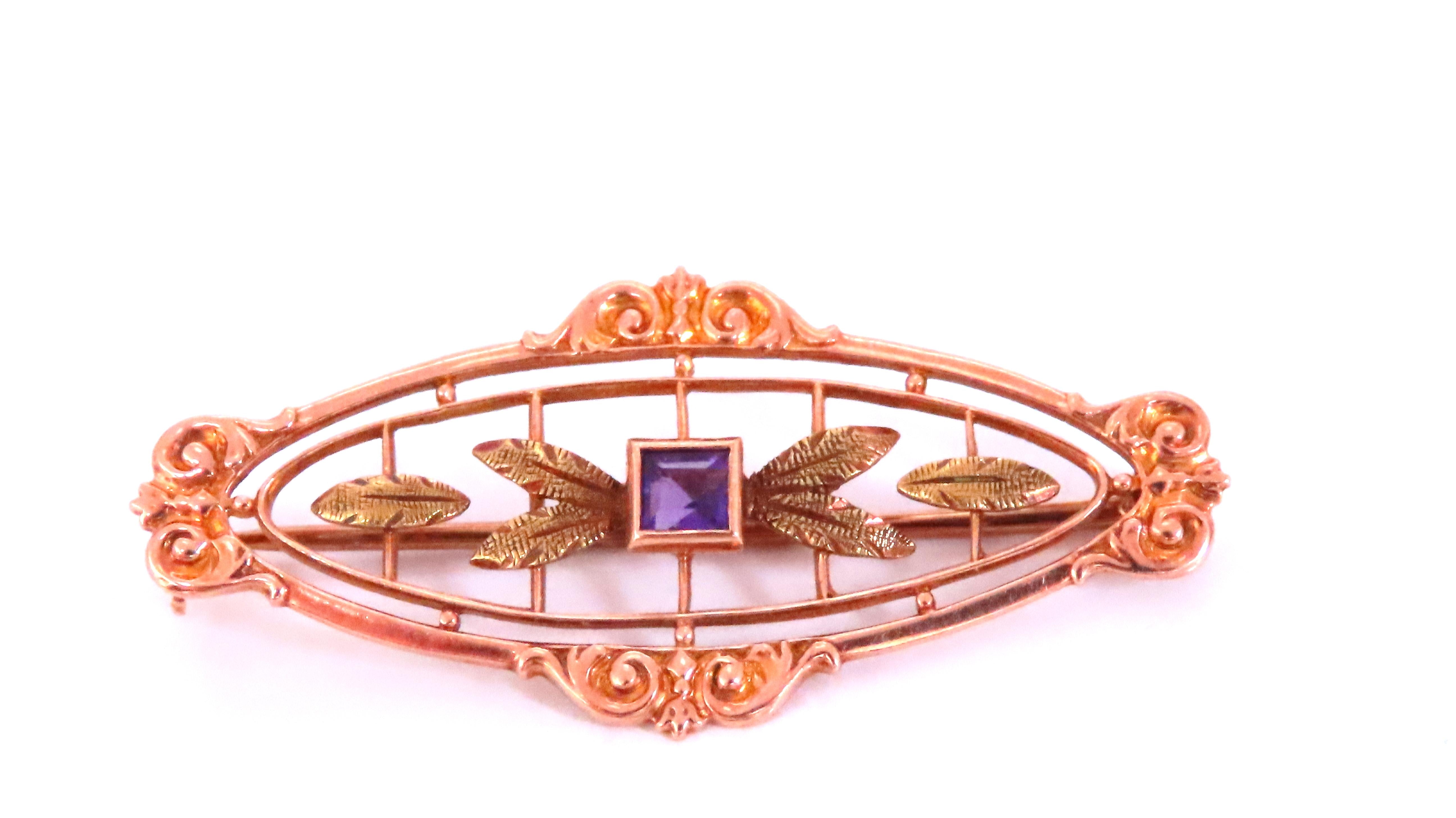 Natural Amethyst Neoclassical Brooch Pin - 14K Gold Vintage Jewelry for Women | Elegant Gift for Weddings, Parties & Special Occasions