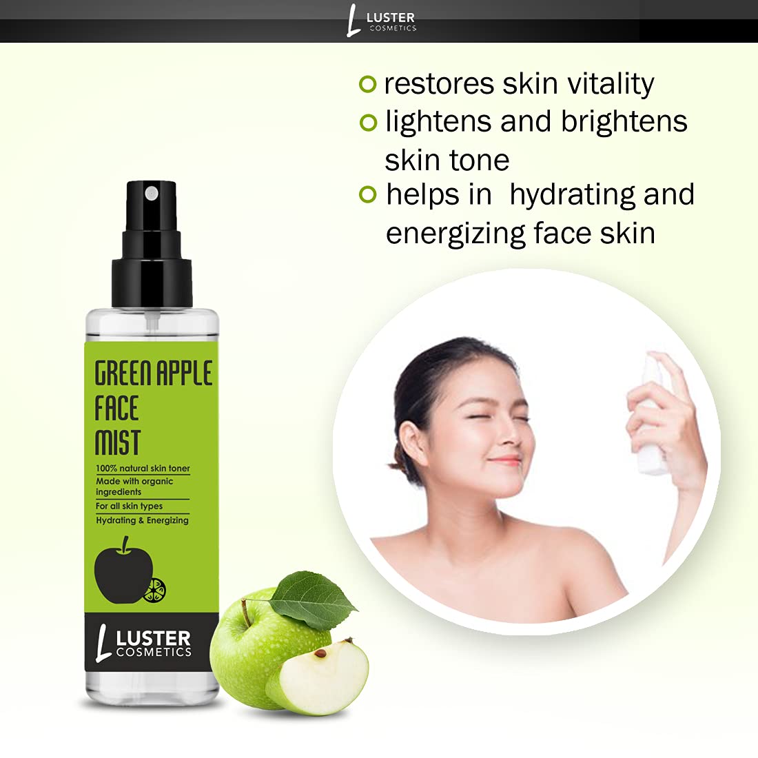 Luster Cosmetics Green Apple & Rose Glow Vitamin C Face Mist - Hydrating Skin Toner for Women & Men | Natural Ingredients, Paraben & Sulfate Free | 115ml (Pack of 3) | Perfect for Daily Skincare Routine, Travel & Post-Workout Refresh