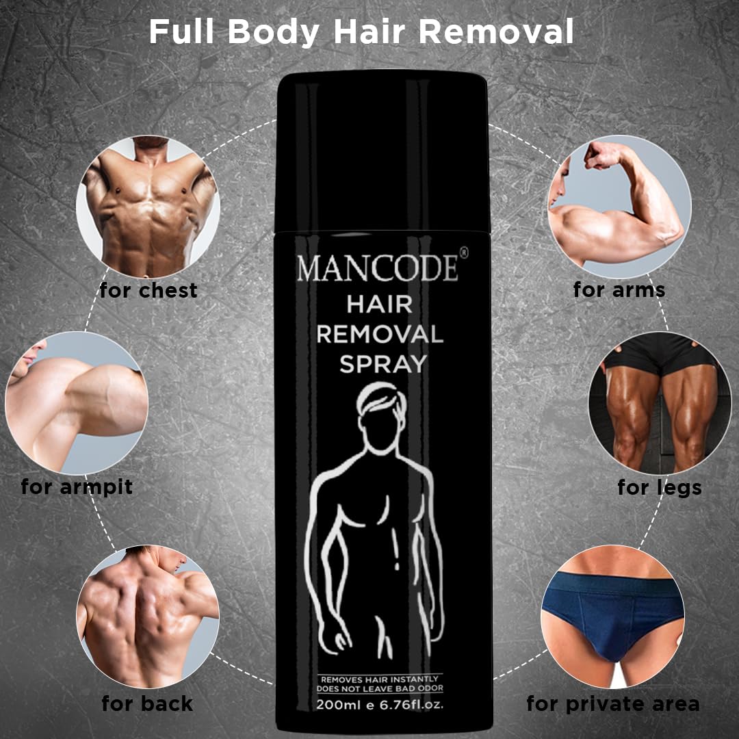Mancode Hair Removal Spray for Men - Painless Body Hair Remover for Back, Chest, Legs, Arms & Intimate Areas - Fast Acting in 3-6 Minutes - 200ml - Ideal for Smooth Skin Before Beach, Gym or Date Night